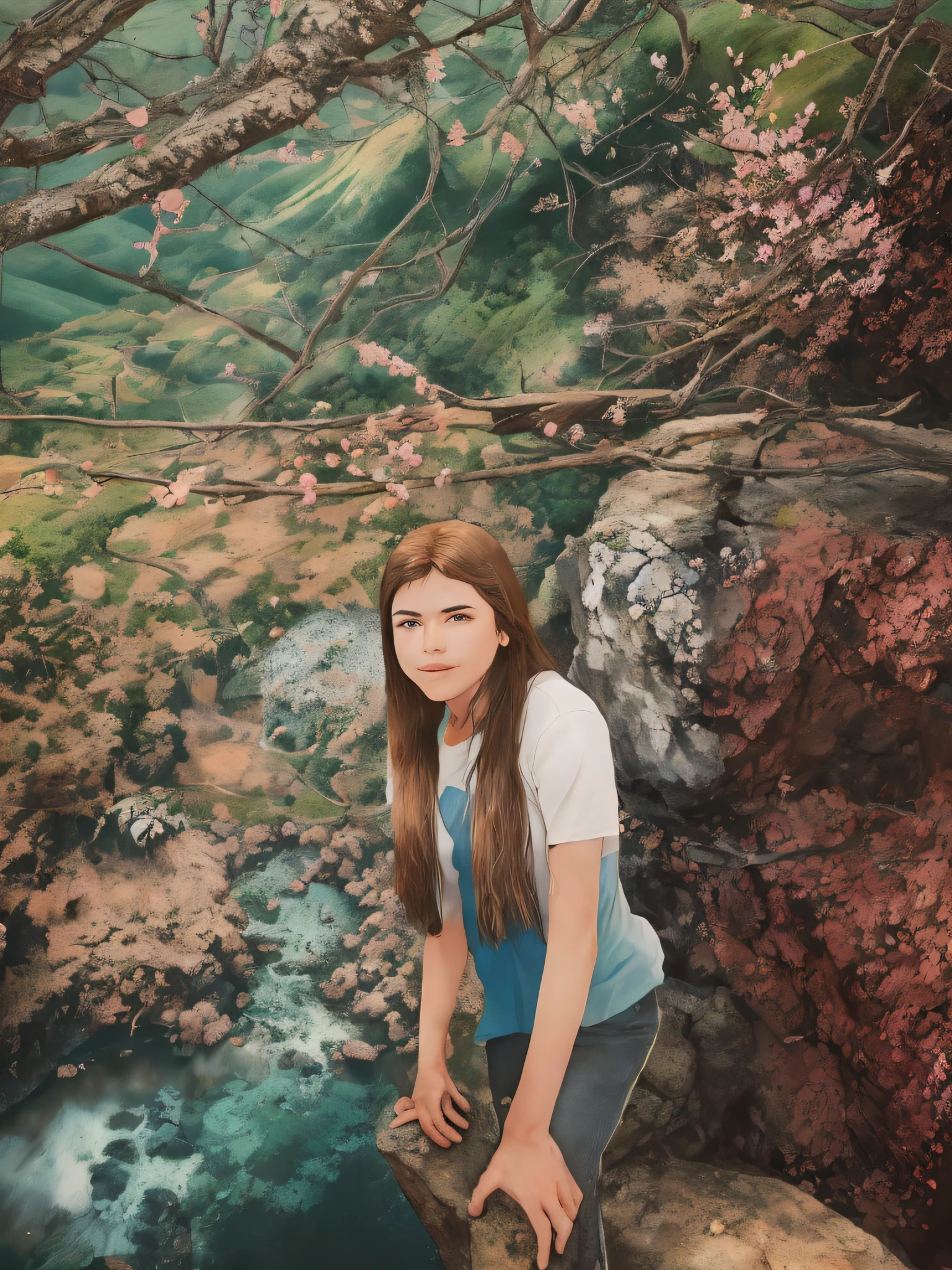 Arafed girl standing on a rock overlooking a valley, com montanhas ao fundo, Colinas ao fundo, com montanhas no fundo, Alanis Guillen, Moutain no fundo, com montanhas como pano de fundo, Montanhas ao fundo, nas montanhas, girl standing on mountain, nas montanhas, em frente a uma montanha, montanha ao fundo