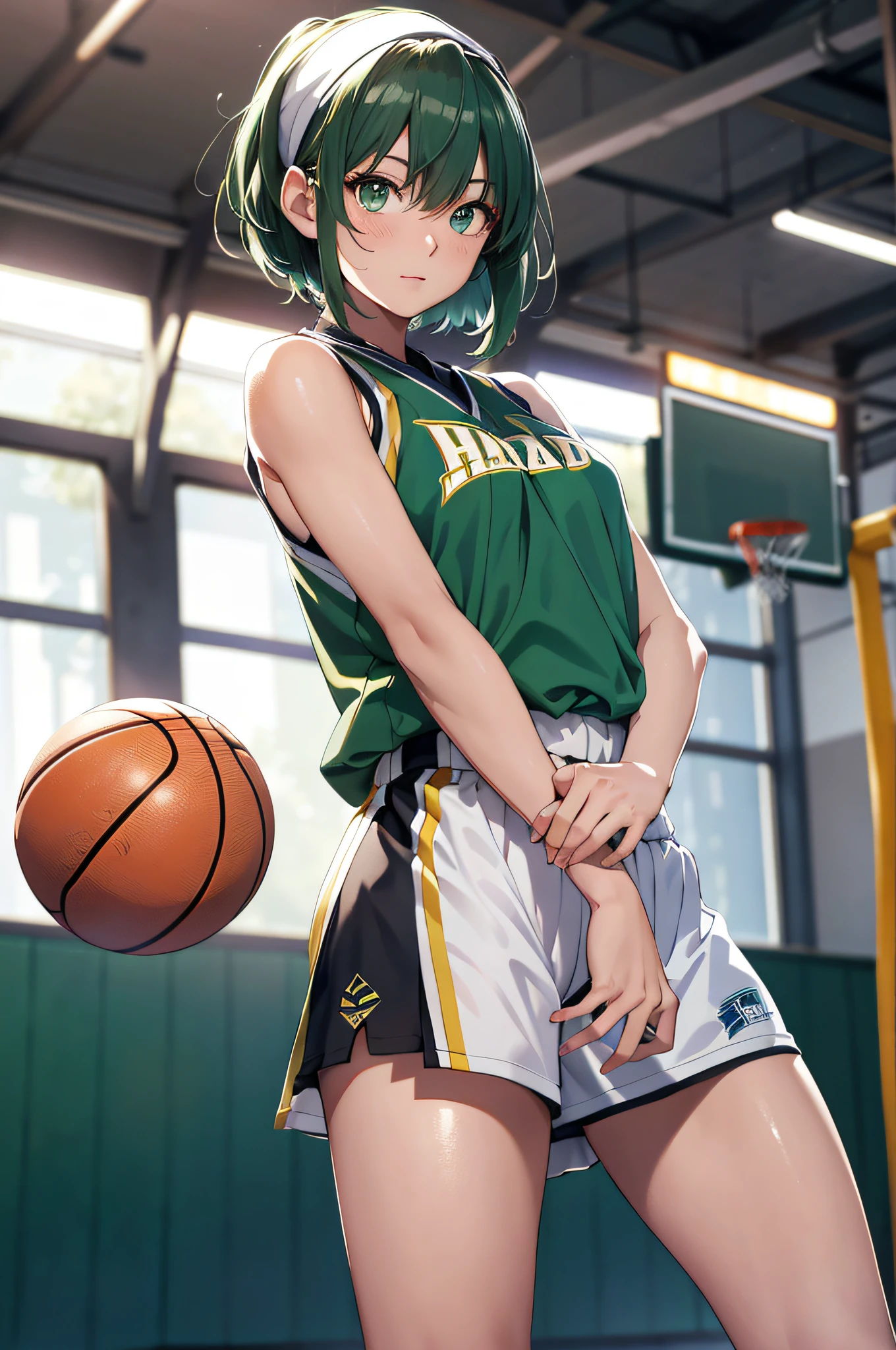 (top-quality、in 8K、32K、​masterpiece、nffsw、超A high resolution、Impresionismo、Photorealsitic:1.2)、Full body, Inside the gymnasium、Basketball court、beauitful face、blurry backround、-yeld beiful girl、shinny skin、short-hair、Beautiful golden hair、Green eyes、(Hachimaki:1.2)、Basketball Uniforms、Curve、dynamicposes