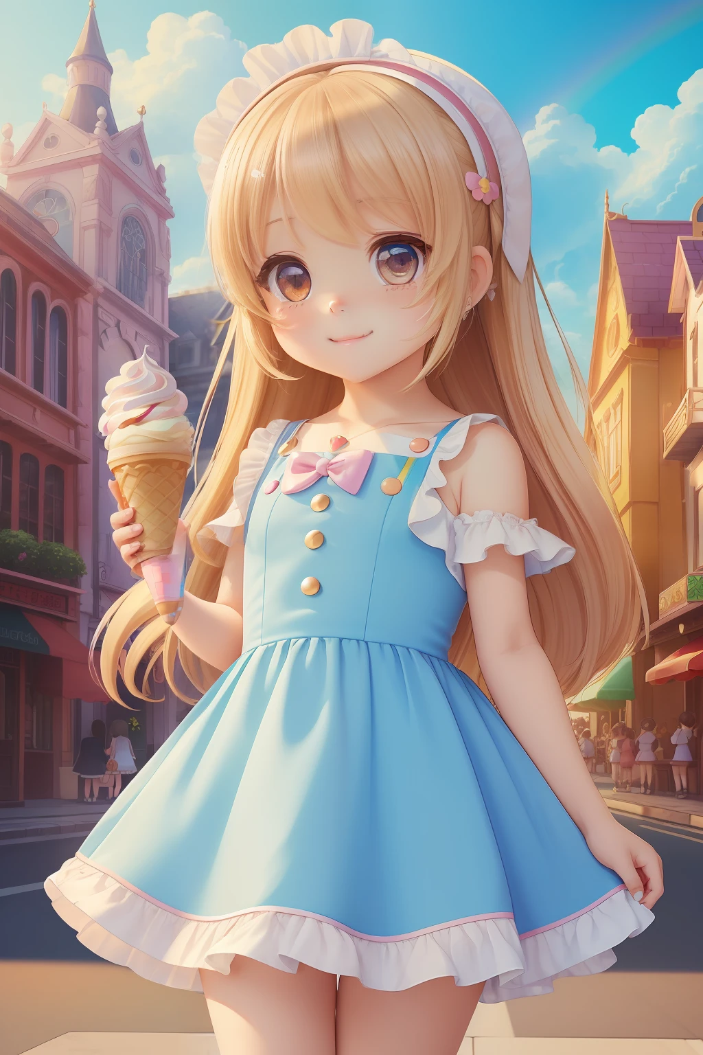 ((masterpiece)), ((best quality)), (ultra-detailed), ((kawaii)), cute, (lovely), ((chibi)), loli, loli, dynamic angle, city, town, daytime, a cute girl, 1girl, solo, one-piece dress, beautiful blond hair, beautiful rainbow eyes, ((beautiful eyes)), (holding an ice cream sundae), light smile