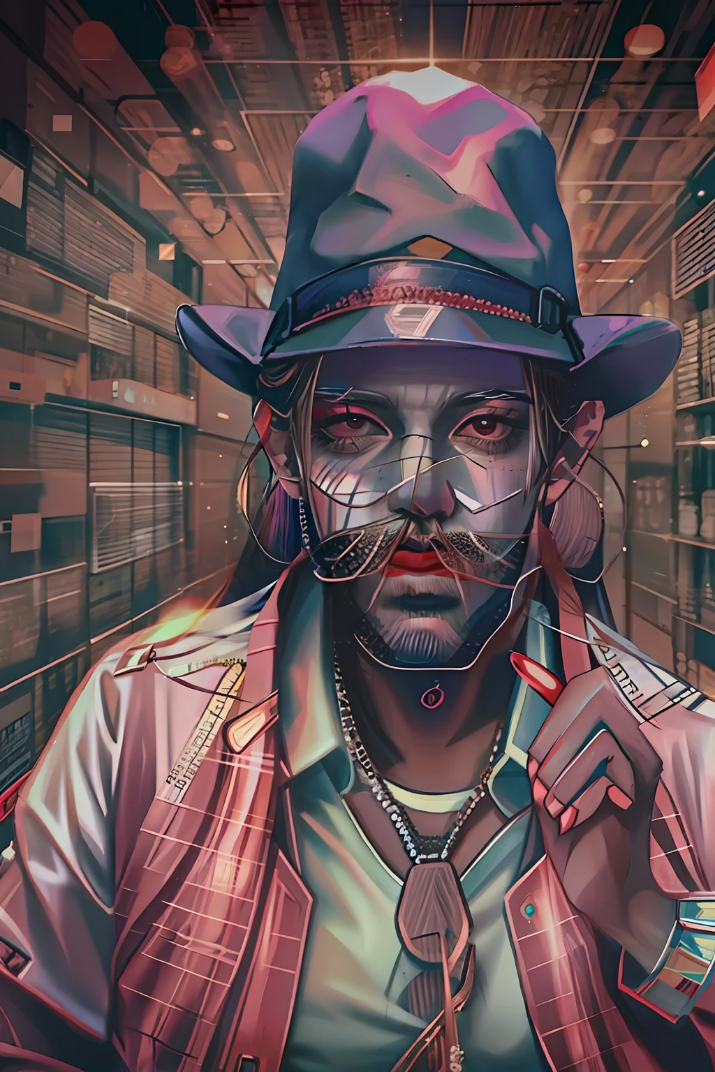 Homem moreno ,usando mascara em um ambiente de terror , escutando musica com estilo gangster, arte psicodelica