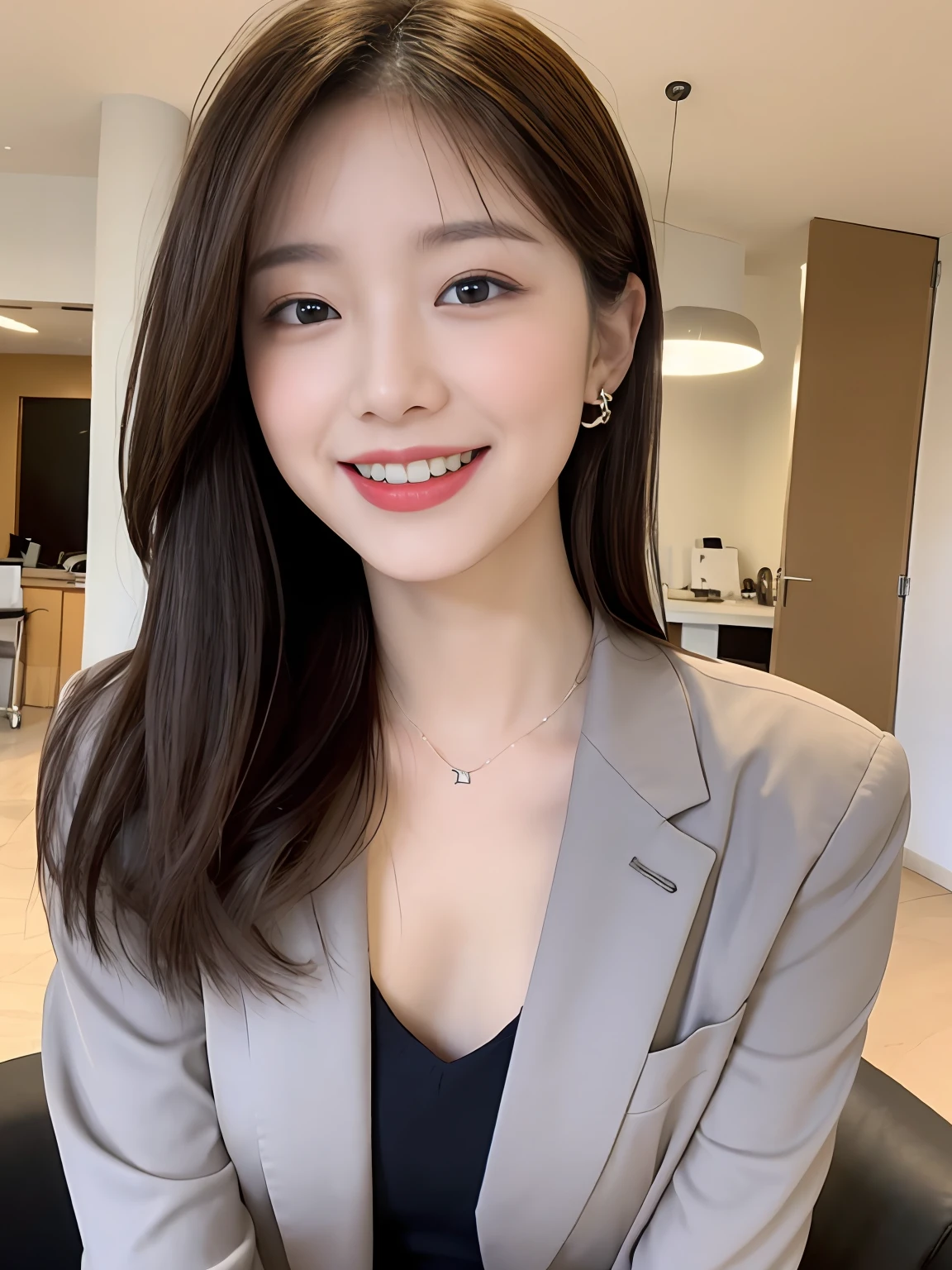 cafes、1 girl in、hair pin、耳Nipple Ring、jewely、brown haired、、s lips、Playful、beautiful smiling face、1girl in、Beautiful woman with tight abs:1.4、(tiny chest:1.3)、Short-cut hairstyles、delicate detail、A detailed face、murky、darker shadows、pureerosfaceace_v1、A smile、long legged、thin-waist、 upturned ass、Super Fine Makeup、Ultra-luxury clothing material that opens lips seductively、sofas、There was a sweet smile on his face.、It seems to be dancing in harmony with its surroundings。Her breath is、It's as if your whole body is radiating the energy of youth.、Full of vitality and vitality。Her presence makes the whole picture more vivid.、a person々Makes you feel infinite joy and vitality in、s Office、Wearing a suit