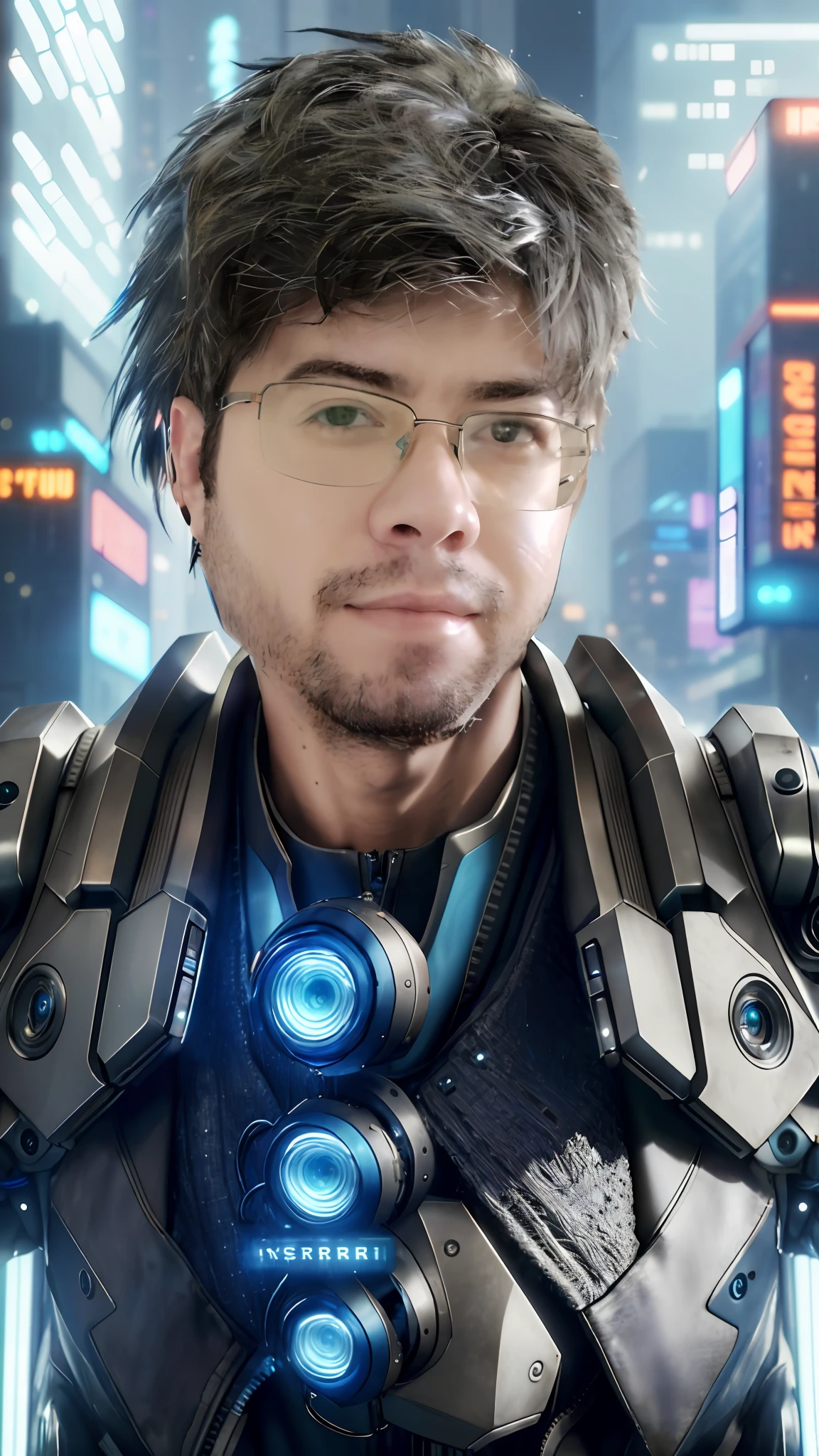Hyper-realistic close up portrait of a (cyberpunk man), ((male)), (bronze) skin, detailed (one striking blue human eye and one cybernetic glowing eye), rugged, adaptive, (half human face, half cybernetic enhancements seamlessly integrated), (futuristic neon-lit cityscape reflecting in the cybernetic eye), with a detailed enigmatic face, full body, (fashionable and functional cyberpunk attire), regal, elegant, realistic, hyper realistic, highly detailed, depth of field, Detailed and Intricate, Photo, HD, Cinematic, Dynamic Lighting, (bokeh), ((beautiful)), lens flare, (god rays:1.1), (cinema effect), gradient colour progression, cinematic film grain, (subsurface scattering)
,((detailed face and eyes)), (detailed iris:1.3)