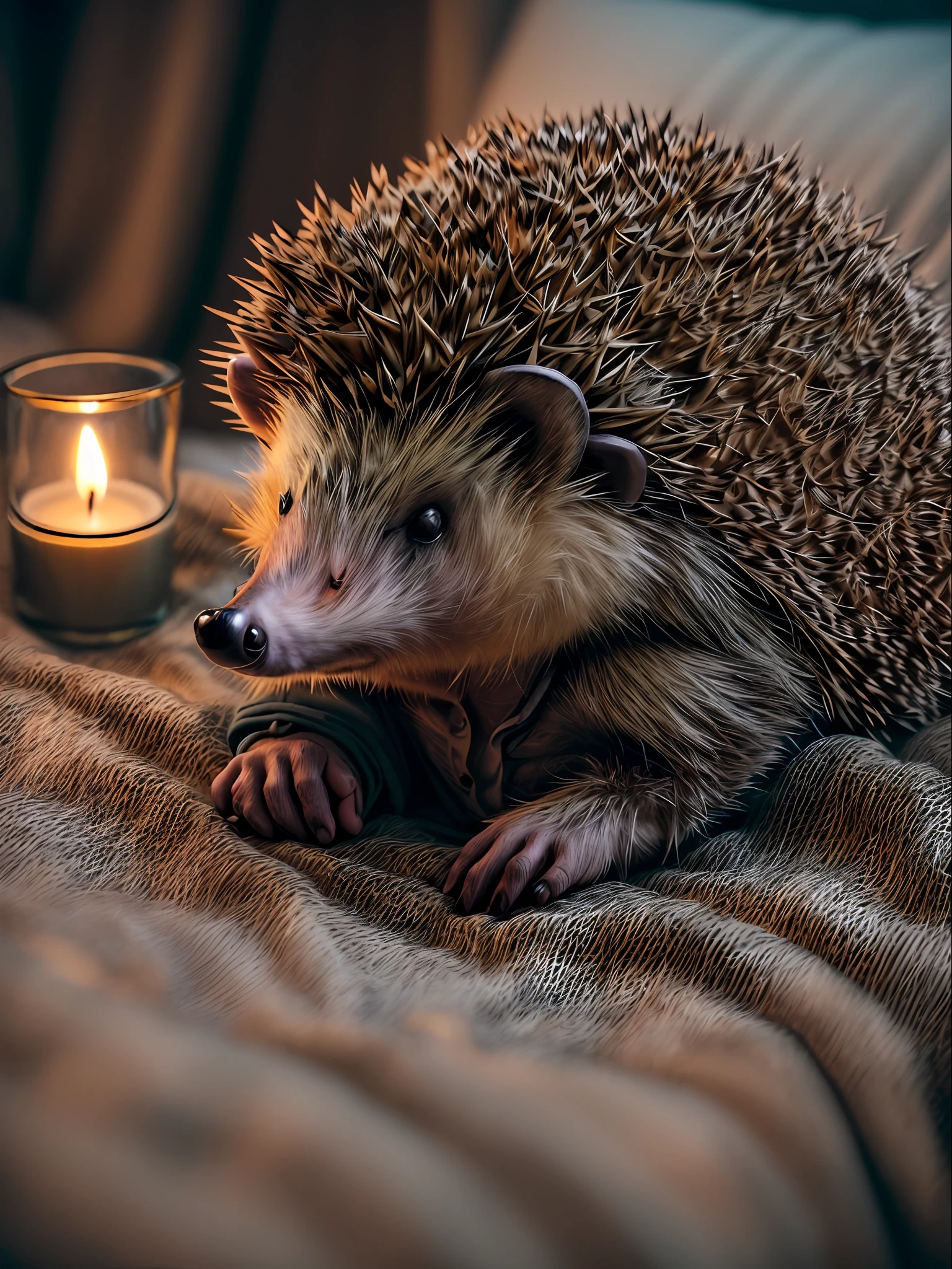 ((anthropomorphic hedgehog ((in a night suit)) sleeps on a kravet)), cozy bedroom, There is a bed. the night, A candle is burning, atmospheric, Lightroom, Cinematic, HDR, Soggy, an intricate, hiquality, Calm tones, Complicated details, low contrast