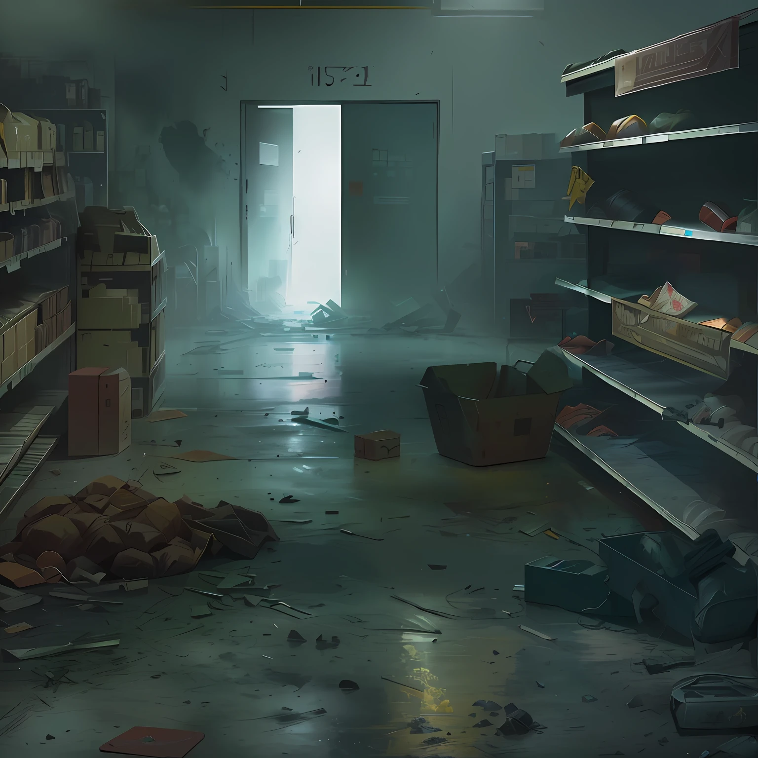 Clean and empty supermarket, photorealistic dark concept art, eerie nostalgic concept art, post grunge concept art, indie game concept art, Dystopian digital concept art, concept art for a video game, inspired by Ismail Inceoglu, by senior environment artist, Post-apocalyptic shopping mall, detailed atmospheric and gritty, highly realistic concept art
