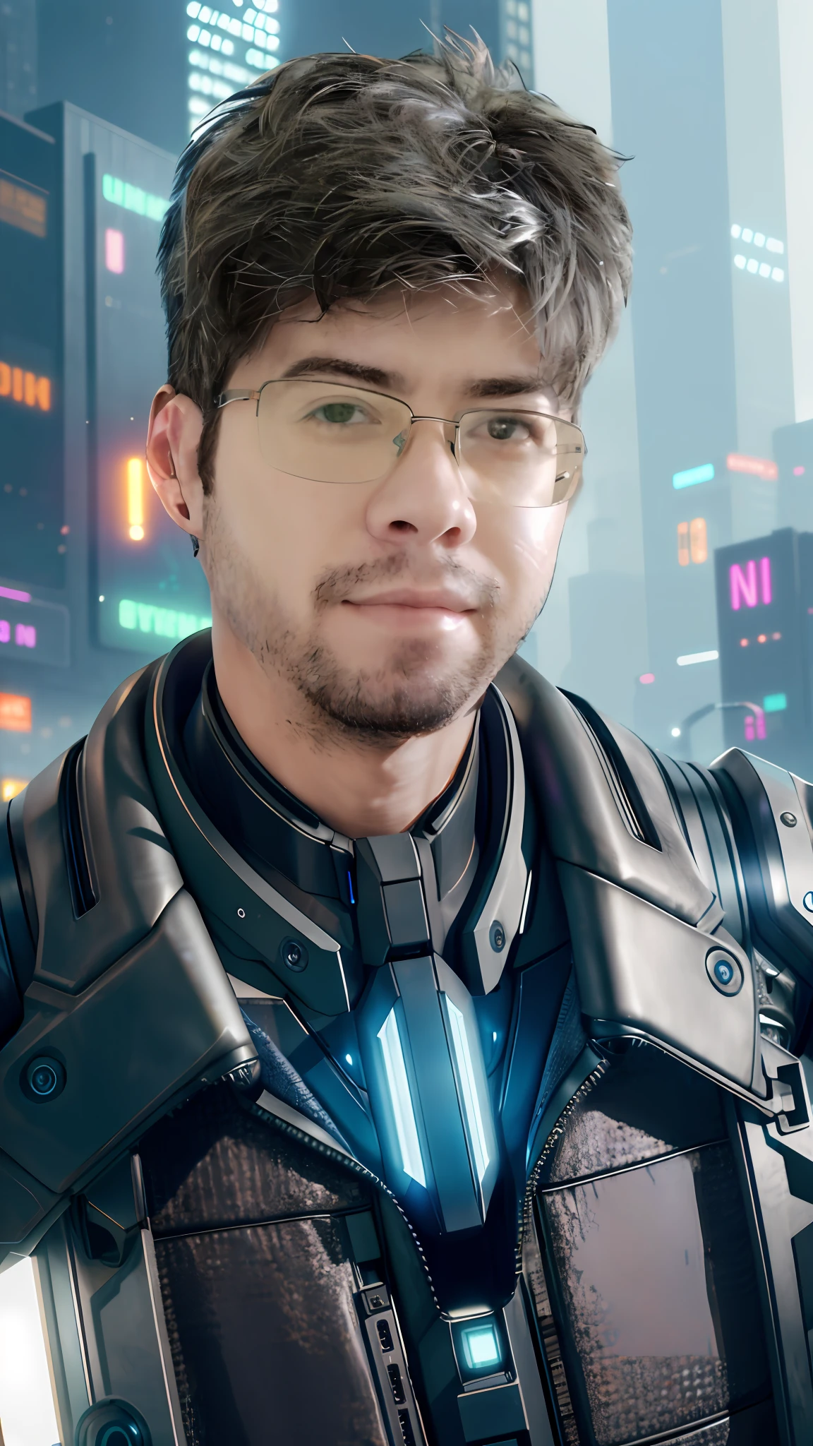 Hyper-realistic close up portrait of a (cyberpunk man), ((male)), (bronze) skin, detailed (one striking blue human eye and one cybernetic glowing eye), rugged, adaptive, (half human face, half cybernetic enhancements seamlessly integrated), (futuristic neon-lit cityscape reflecting in the cybernetic eye), with a detailed enigmatic face, full body, (fashionable and functional cyberpunk attire), regal, elegant, realistic, hyper realistic, highly detailed, depth of field, Detailed and Intricate, Photo, HD, Cinematic, Dynamic Lighting, (bokeh), ((beautiful)), lens flare, (god rays:1.1), (cinema effect), gradient colour progression, cinematic film grain, (subsurface scattering)

,((detailed face and eyes)), (detailed iris:1.3)