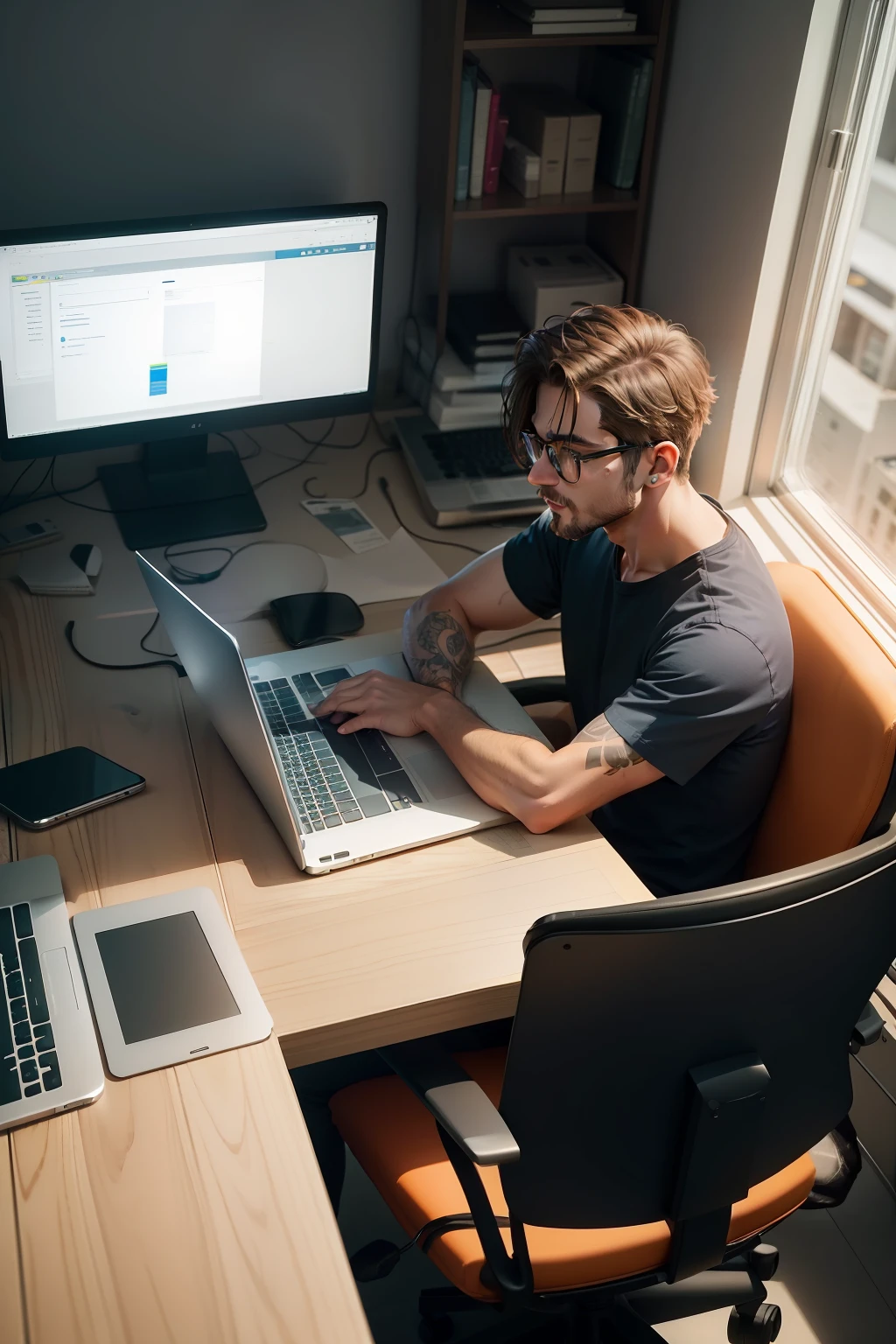 SEEING A MAN SITTING IN A CHAIR WORKING ON A LAPTOP IN AN OFFICE, ISOMETRIC VIEW FROM AFAR