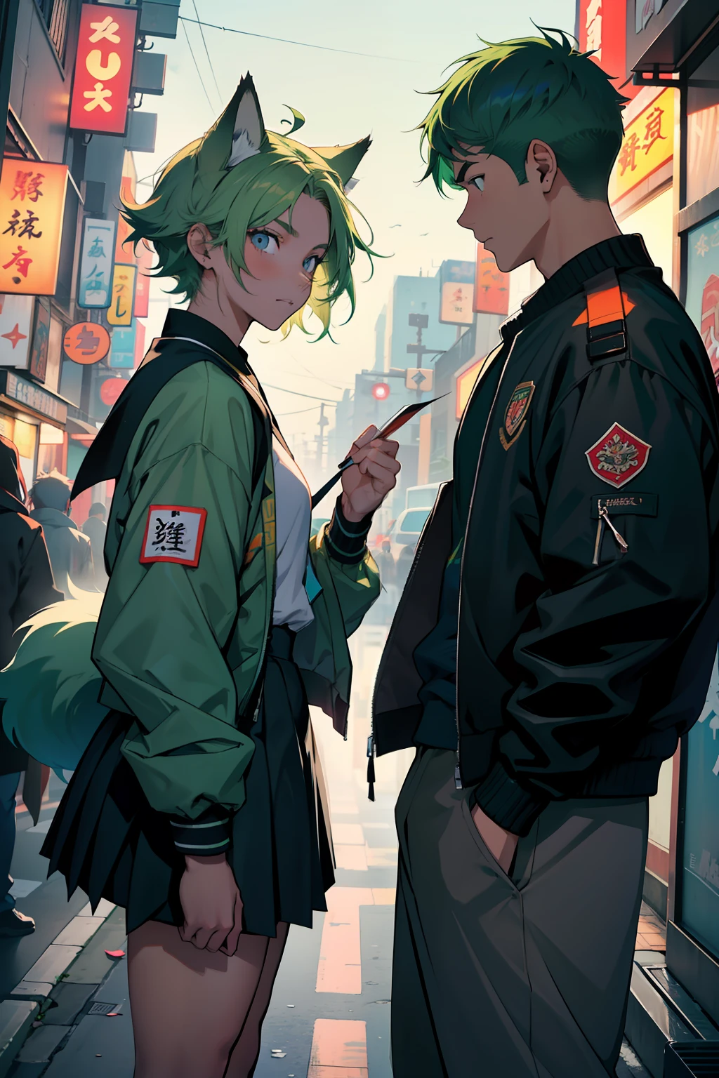(melhor qualidade)), ((obra-prima)), (altamente detalhado:1.3) age sibling couple wearing Japanese school uniforms and bomber jackets, a meni longos e volumosos cabelos azuis e orelhas e rabo de lobo, and the guy with messy green hair and ears and wolf's tail in the background to The Streets of Tokyo in the super chaotic background full of neon lights