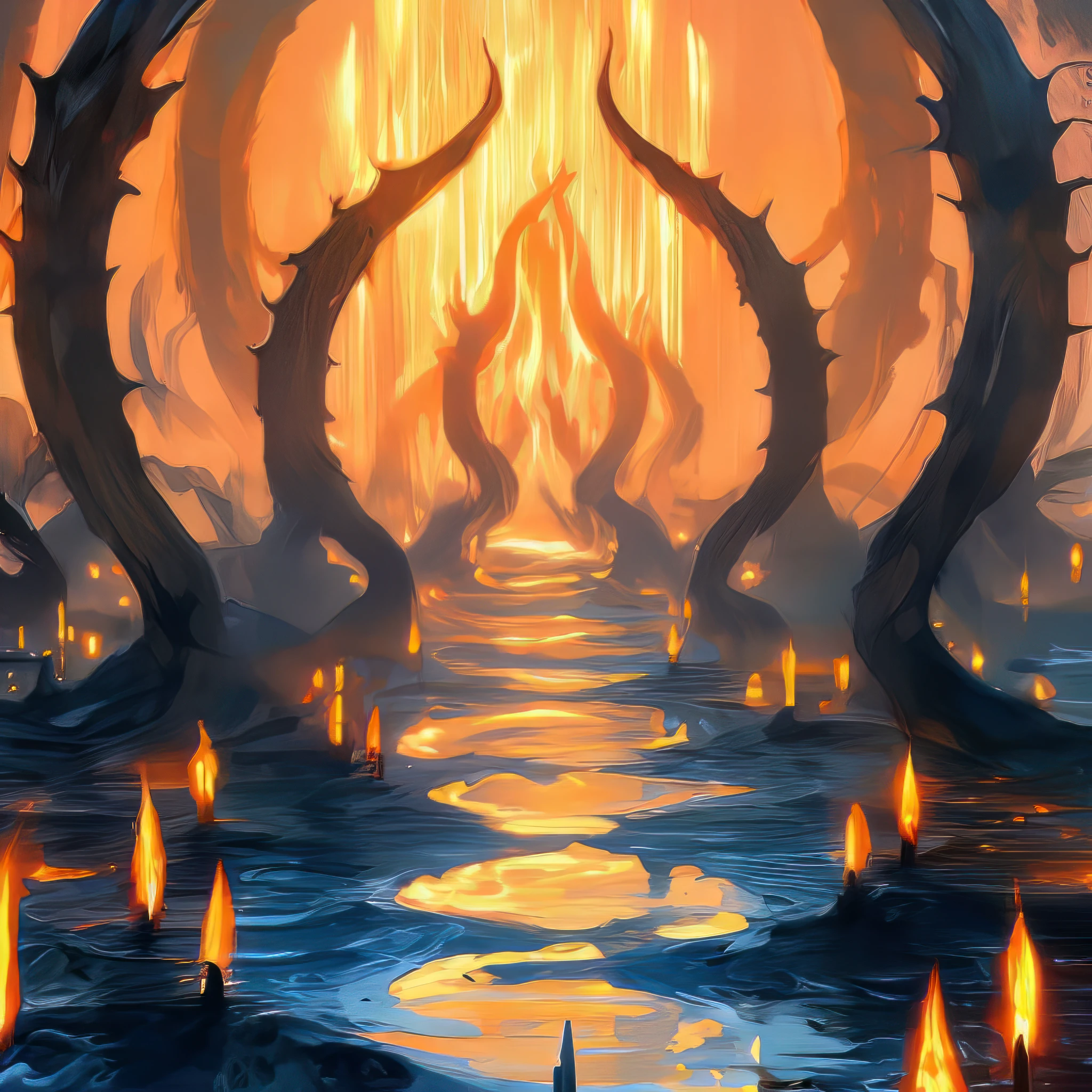 There is a painting depicting a scene of fire with a man, standing in the middle of the water, symmetrical epic fantasy art, Symmetrical fantasy landscape, Portal to the Realm of the Lost Flame, symmetrical concept art, epic fantasy digital art style, Portal to the ethereal realm, world of warcraft art style, Ornate borders + Concept art, Epic fantasy painting, MTG Art
