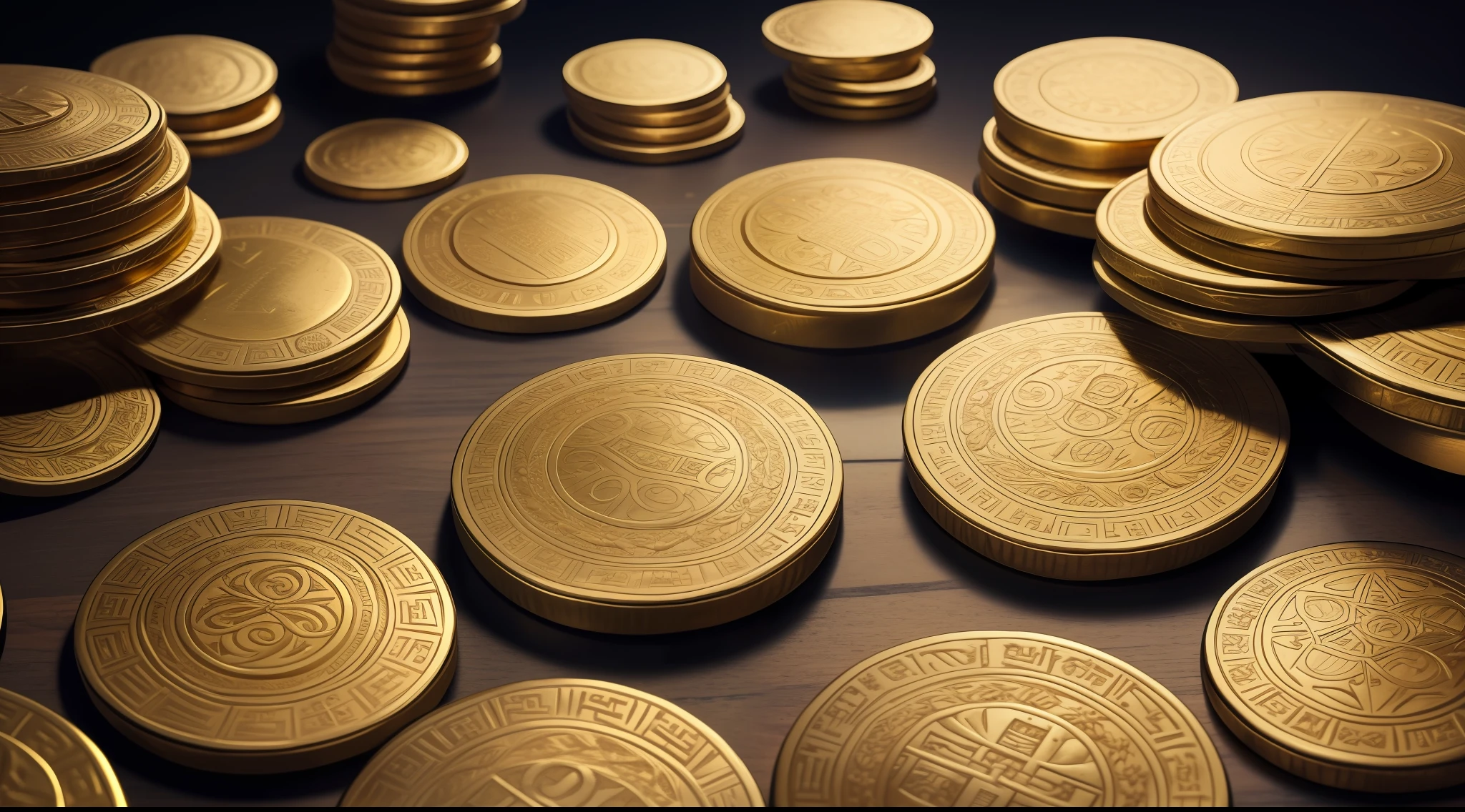 "ancient gold coins, aged with time and full of intricate details"