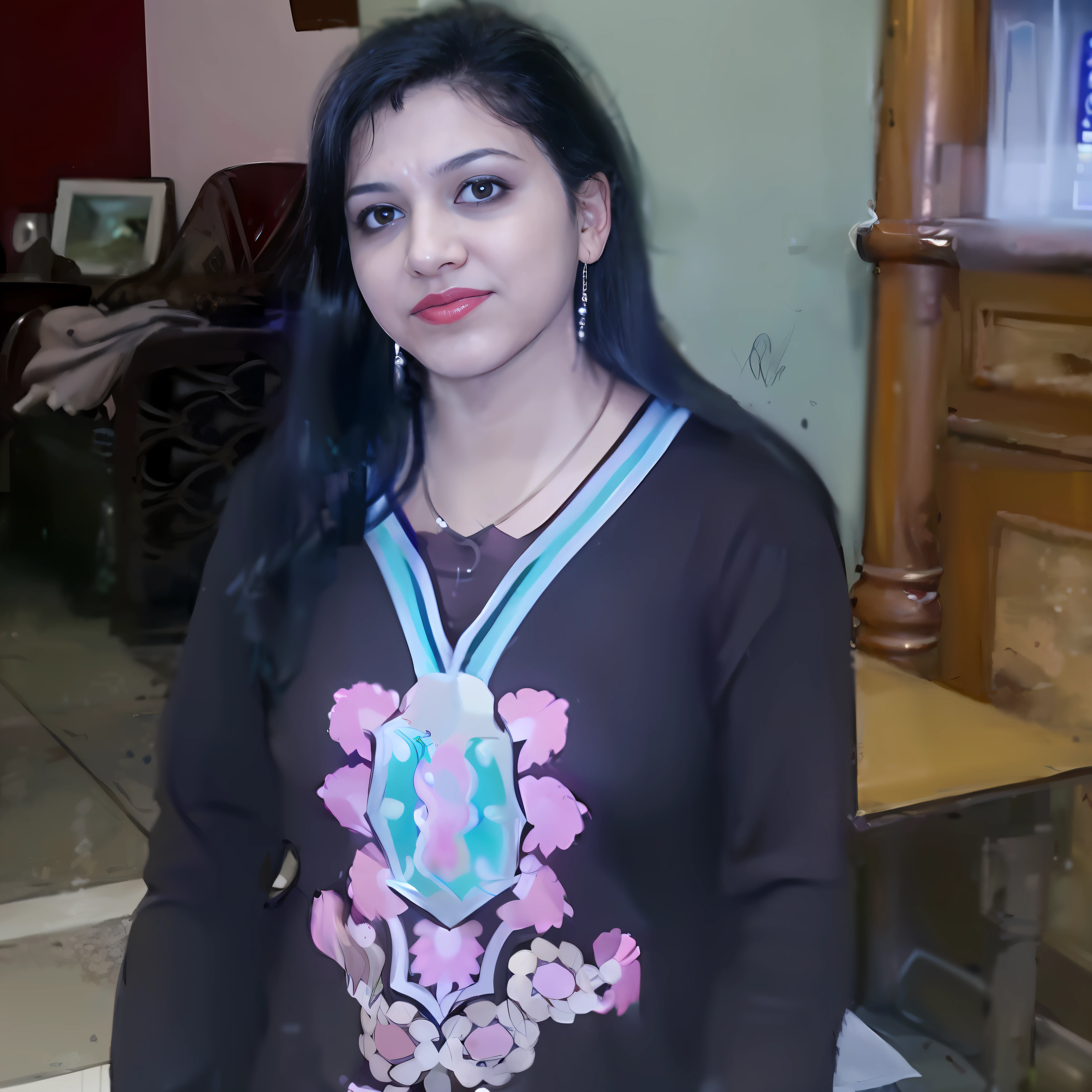 a woman in a black shirt standing in a room, a photocopy by artist, featured on pexels, samikshavad, lovely, white background, goth
