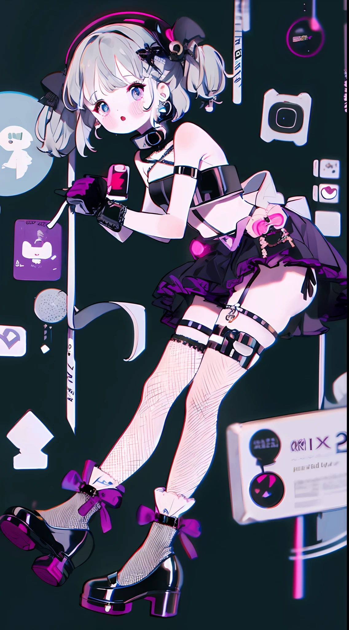 1girll,Individual illustrators,leg loops,leg holsters,mitts,very intricate,Exquisite,Complex hairstyles,Purple skirt,frilld,short skirt,Bow knot,Cross straps,bandagens,Y2K,E-girls,Emotional,non-mainstream,Gray hair,Love decoration,subculture,Sick,laughingly,Avant-garde and innovative clothing design,Black fishnet socks,waist chains,platform footwear,Glowing ornaments,Long boot leg covers,thongs,cyber punk perssonage