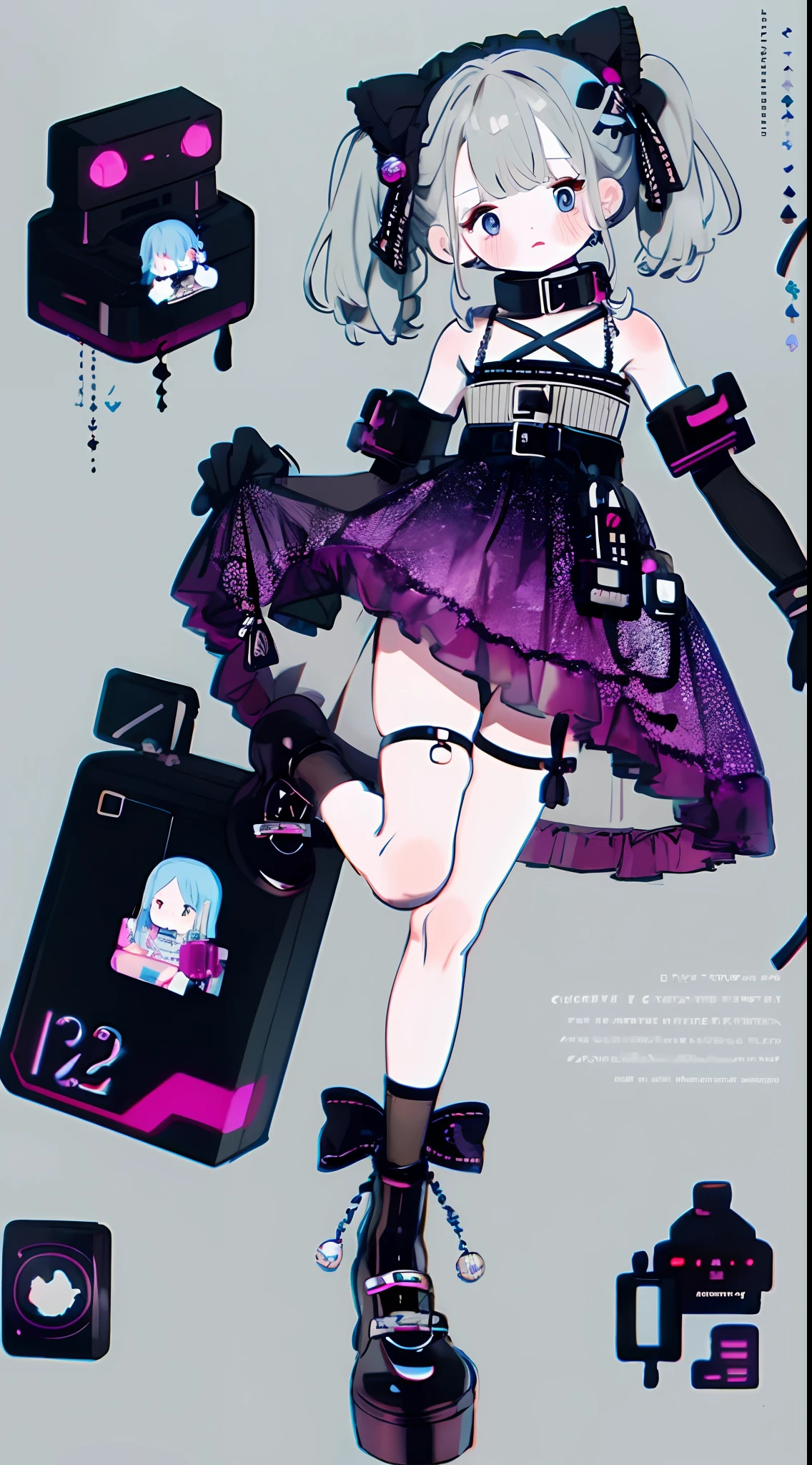 1girll,Individual illustrators,leg loops,leg holsters,mitts,very intricate,Exquisite,Complex hairstyles,Purple skirt,frilld,short skirt,Bow knot,Cross straps,bandagens,Y2K,E-girls,Emotional,non-mainstream,Gray hair,Love decoration,subculture,Sick,laughingly,Avant-garde and innovative clothing design,Black fishnet socks,waist chains,platform footwear,Glowing ornaments,Long boot leg covers,thongs,cyber punk perssonage