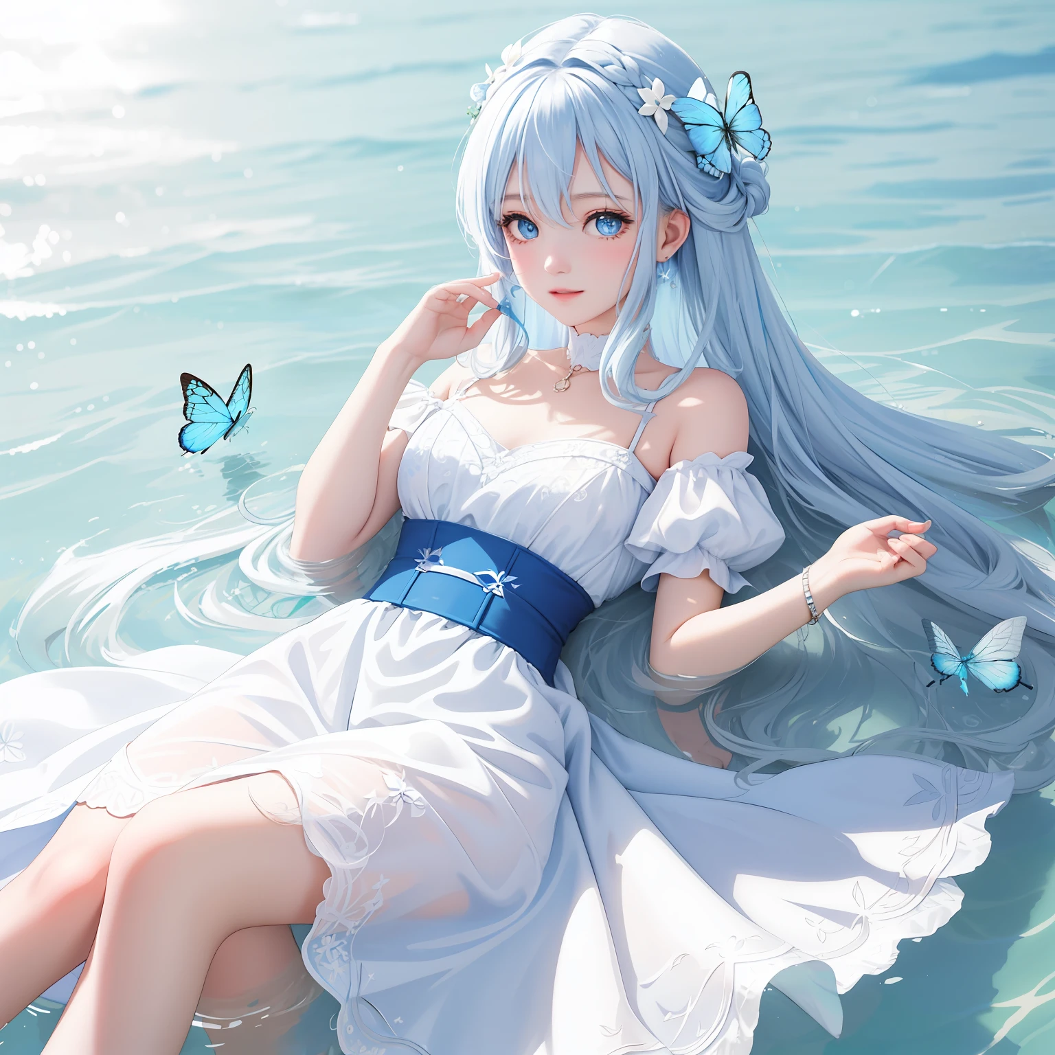tmasterpiece, best qualtiy, (Dynamic_Angle:1.1), ,1girll,blue color eyes,long white hair,Flying blue butterflies,, (Beautiful detail background:1.28), (Beautiful details splash:1.28),(clothes_bach_advantage:1.2), (Photorealsitic:1.1), photorealestic, (pastel colour:1.16), (Light_Smile:1.34), Many lines in the hair, (minute details:1.28), exteriors,curlies, Beautiful girl lying in very shallow water wearing white dress, The body is submerged,Only the face is on the water, No facial expressions,Frame the picture from above,Hair gets wet with water