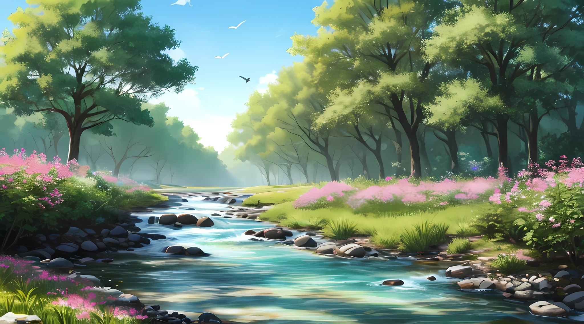 Flowers, grass, trees, wood, birds, rivers, sky