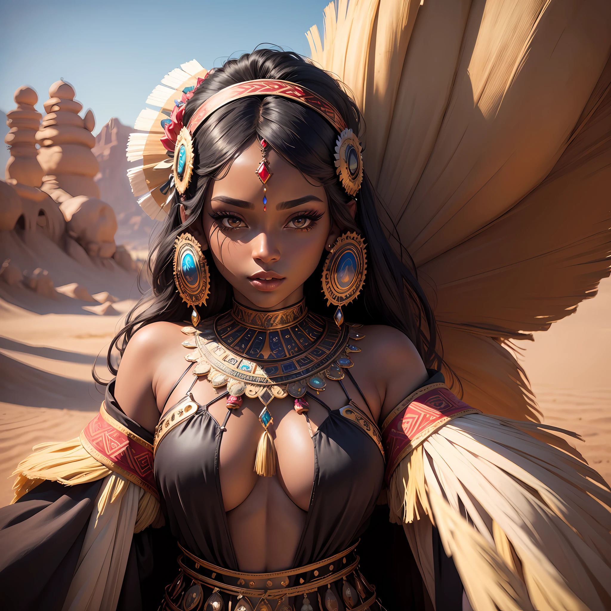 (masterpiece:1.2), (best quality:1.2), perfect eyes, perfect face, perfect lighting, photoshoot, 1girl, mature female wearing SSAHC, SSAHC, dark-skinned, colorful tribal dress, headdress, thick eyelashes, makeup, eyeshadow, medium hair, oasis, desert detailed outdoor background --auto