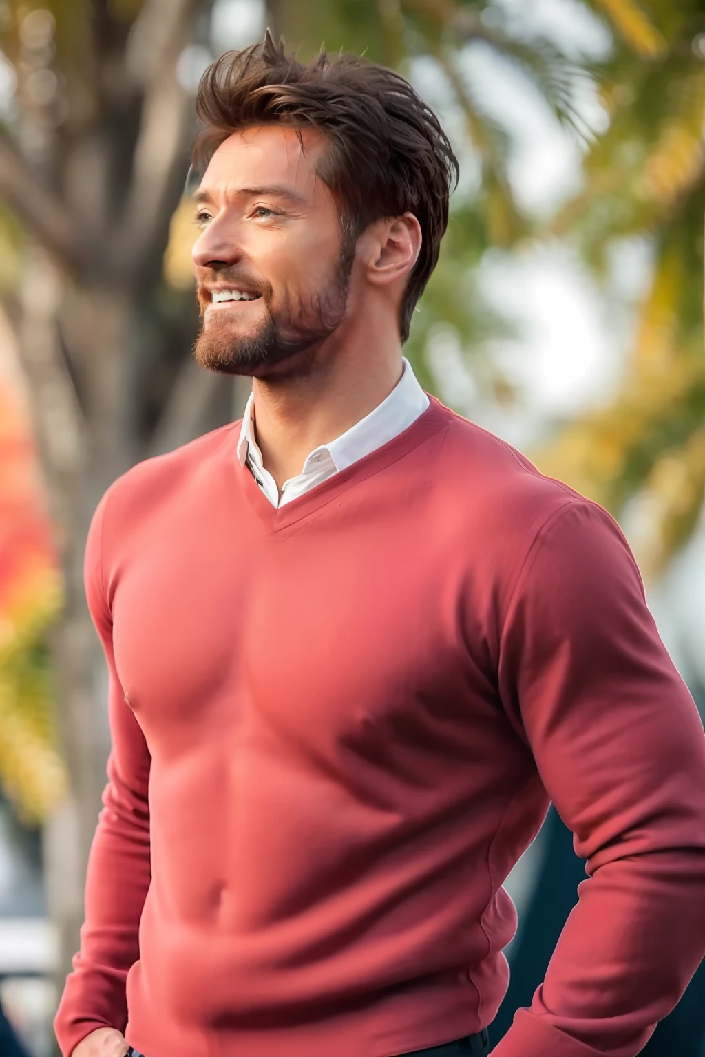 RAW photo, a close up portrait photo of hugh jackman smiling wearing a tuxedo on stage at an award show ,beard, muscular body, huge biceps, (high detailed skin:1.2), 8k uhd, dslr, soft lighting, high quality, film grain, Fujifilm XT3