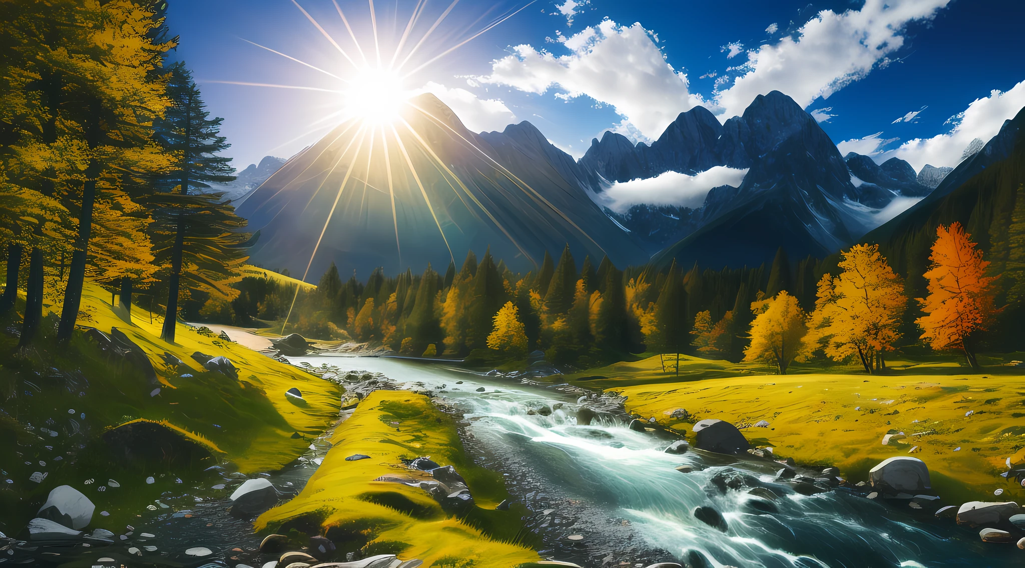 detailed background, masterpiece, best quality, landscape, mountains, river, forest, sun, day, clouds