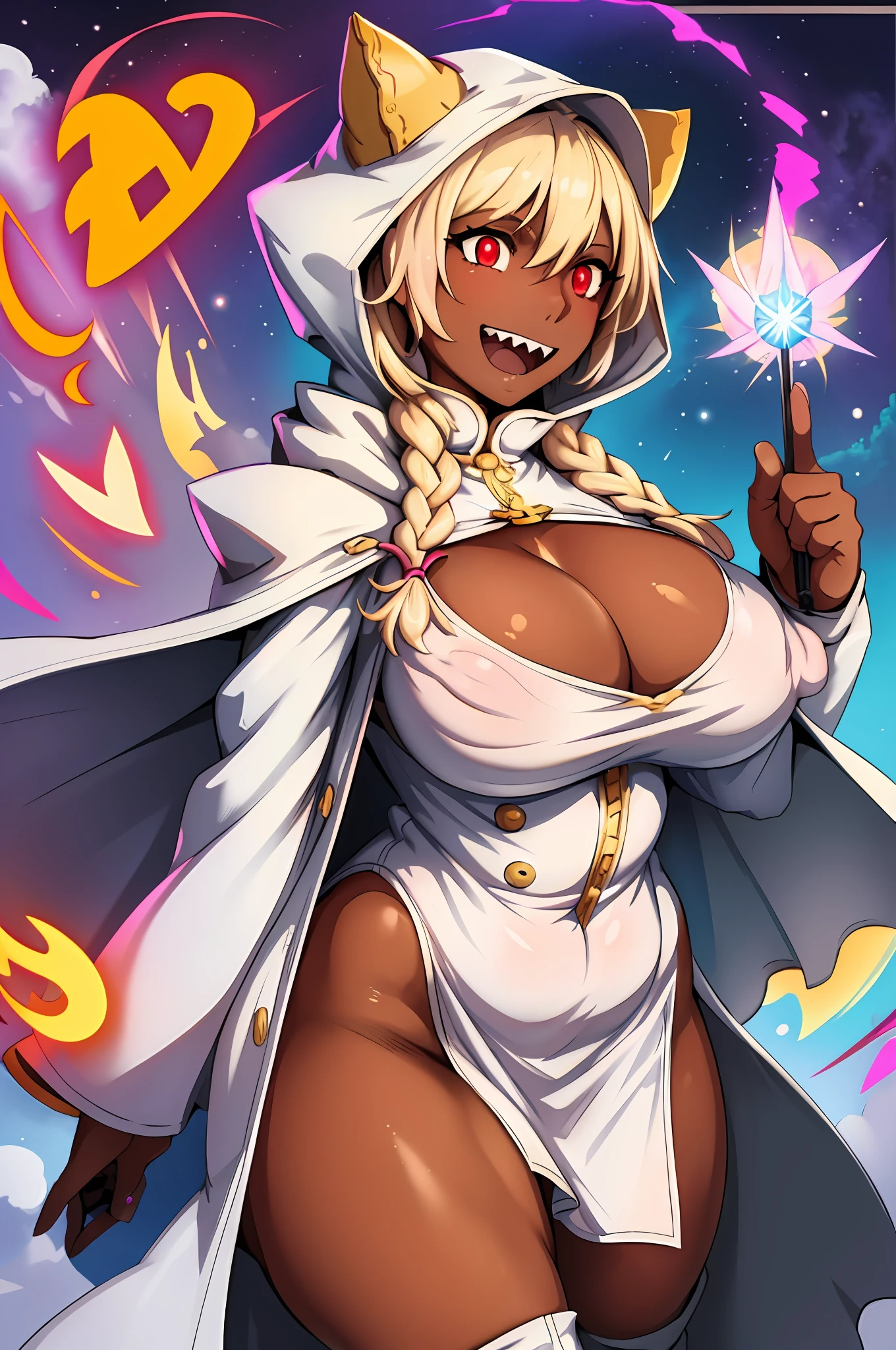 (masterpiece, best quality, high resolution, unity 8k wallpaper, extremely detailed CG:1.2), (illustration:1.0), beautiful detailed eyes, extremely detailed face, perfect lighting, cowboy shot, 1girl, taokakams, hood, animal hood, cat hood , hoodie, red eyes, grin, claws, breast, curvy, female,fantasy goddess,there is a cartoon picture of a woman with a very large breast, glowing angelic being, glowing holy aura, inspired by Luma Rouge, the non-binary deity of spring, ethereal rainbow nimbus, the butterfly goddess of fire, inspired by Marie Angel, glowing aura around her, astral fairy, as the goddess of the sun, “uwu the prismatic person, big breast, happy, beautiful eyes, , full body, walking, long robe, long dre, catgirlss, nun, priestess ,holy, smile, brown hair, cloak, vest, pullover, pants, darkskinned-female, sharpteeth, walking, boots, red eyes, long dress,panthyhose, twinbraids