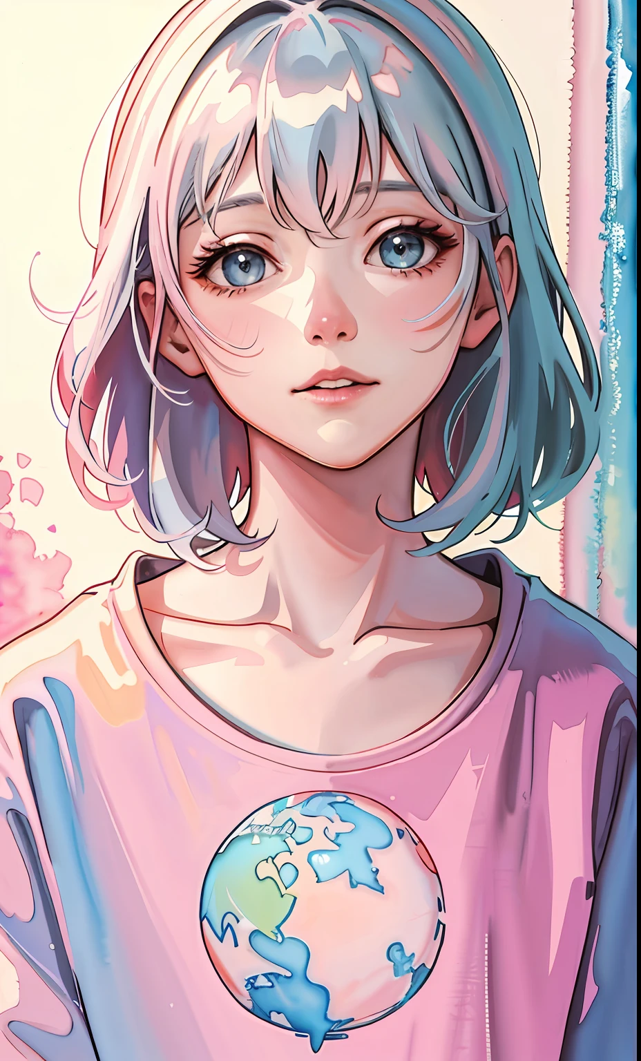 (highres, best quality:1.2), radiance, soft contours, beautiful drawing, concept art, detailed background, bright colors, 1girl, (8k, best quality, masterpiece:1.2),(best quality:1.0), (ultra highres:1.0), watercolor, 1girl, by agnes cecile, half body portrait, extremely luminous bright design, pastel colors, traditional media, watercolor \(medium), watercolor background, ((pink silver color scheme))