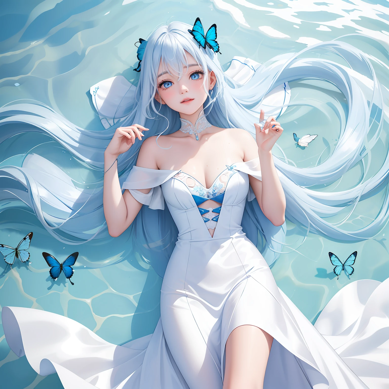 tmasterpiece, best qualtiy, ,1girll,blue color eyes,long white hair,Flying blue butterflies,, (Beautiful detail background:1.28), (Beautiful details splash:1.28),(clothes_Bach_advantage:1.2), (Photorealsitic:1.1), photorealestic, (pastel colour:1.16), (Light_Smile:1.34), Many lines in the hair,, exteriors,curlies, Beautiful girl lying in very shallow water wearing white dress, The body is submerged,Only the face is on the water, No facial expressions,Frame the picture from above,Hair gets wet with water,Flying blue butterflies,