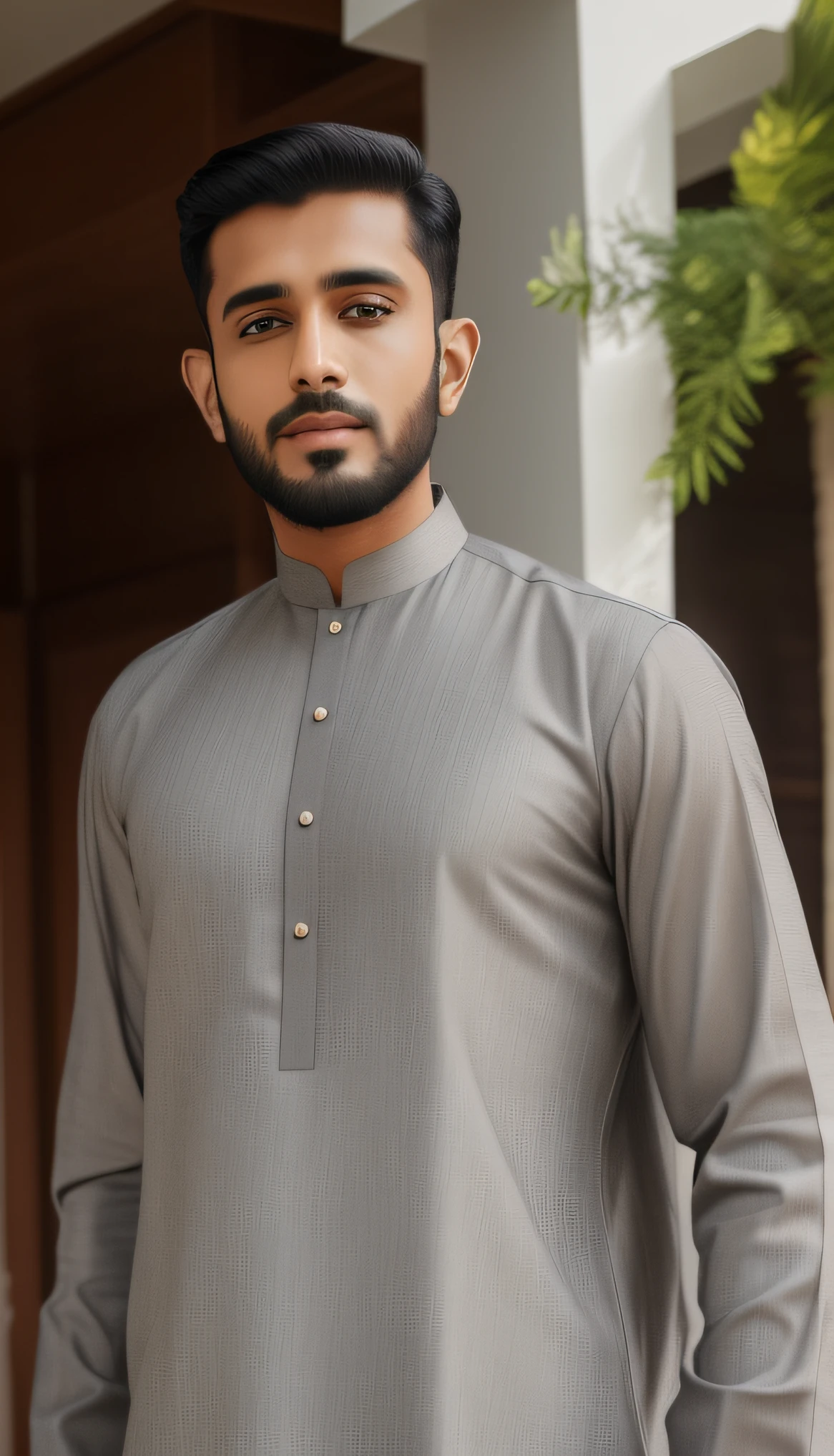 stylish man in a gray shirt standing in front of villa , kyza saleem, wearing a kurta, dressed thobe, wearing a kurta, full body picture, handsome man, taken on iphone 14 pro, full body photogenic shot,