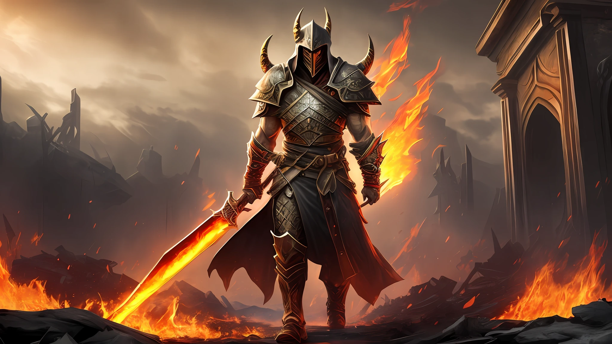 ((masterpiece))), (((best quality))), ((ultra-detailed)), (hyper-realistic), (highly detailed CG illustration), cinematic light, photorealistic, Amidst the ruins of a forsaken realm, a male demonic warrior clad in full black armor strides with an aura of vengeance. His armor, a seamless blend of fire-wrought metal and supple leather, wraps around his powerful frame like a second skin. A pair of towering horns curve from his temples, their dark and twisted forms mirroring his inner turmoil. A flowing cape, dark as the depths of the abyss, billows behind him, seemingly alive with an infernal energy. In his grip, a wickedly serrated blade drips with molten fire, casting an eerie, blood-red glow on the desolate landscape. The setting sun bathes the ruins in shades of fiery orange and deep crimson, its light casting long, ominous shadows. As he moves through the ruins, the warrior's every step ignites the scorched earth beneath him, leaving a trail of smoldering destruction in his wake, a testament to his relentless pursuit of retribution. --auto --s2