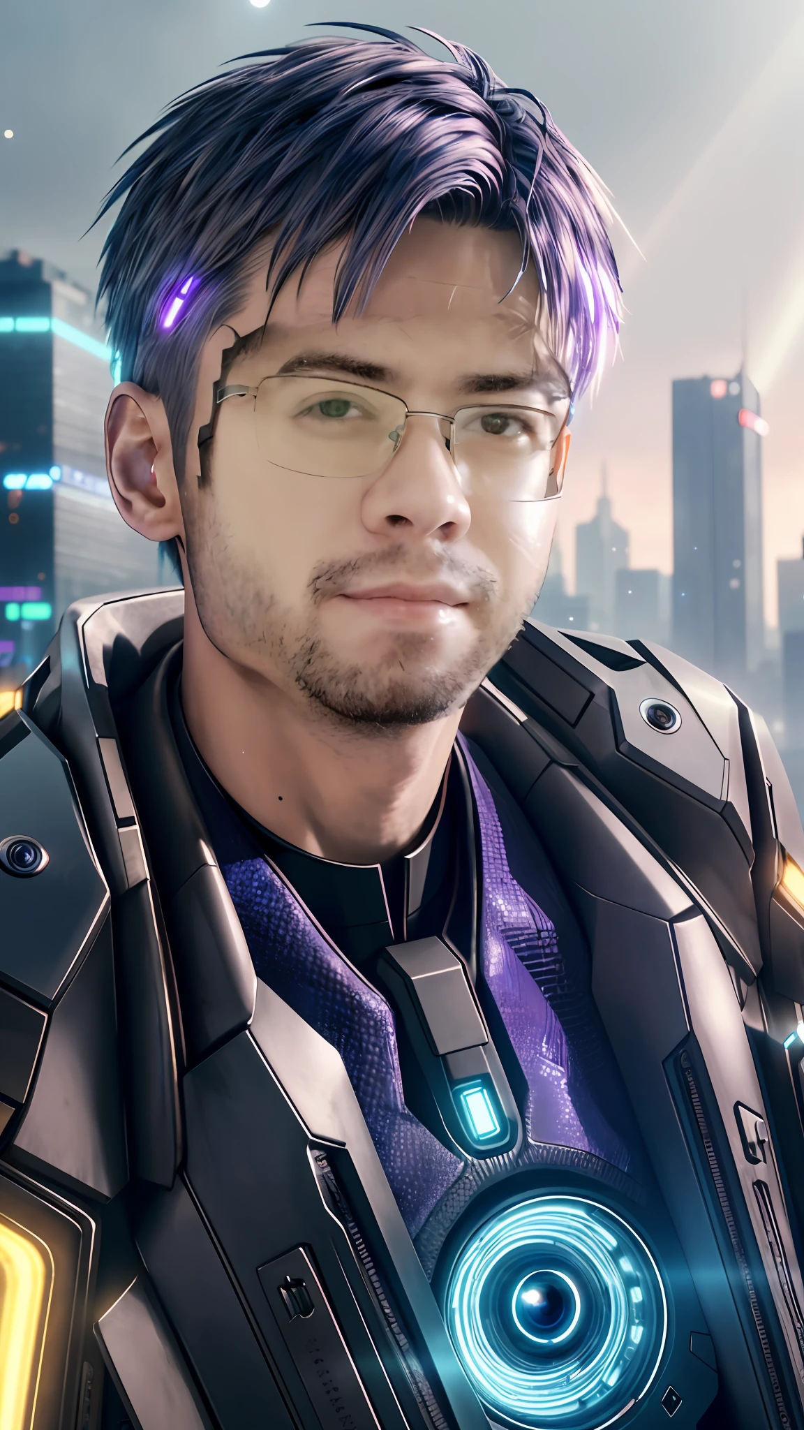 Hyper-realistic close up portrait of a (cyberpunk man), ((male)), (bronze) skin, detailed (one striking blue human eye and one cybernetic glowing eye), rugged, adaptive, (half human face, half cybernetic enhancements seamlessly integrated), (futuristic neon-lit cityscape reflecting in the cybernetic eye), with a detailed enigmatic face, full body, (fashionable and functional cyberpunk attire), regal, elegant, realistic, hyper realistic, highly detailed, depth of field, Detailed and Intricate, Photo, HD, Cinematic, Dynamic Lighting, (bokeh), ((beautiful)), lens flare, (god rays:1.1), (cinema effect), gradient colour progression, cinematic film grain, (subsurface scattering)

,((detailed face and eyes)), (detailed iris:1.3)