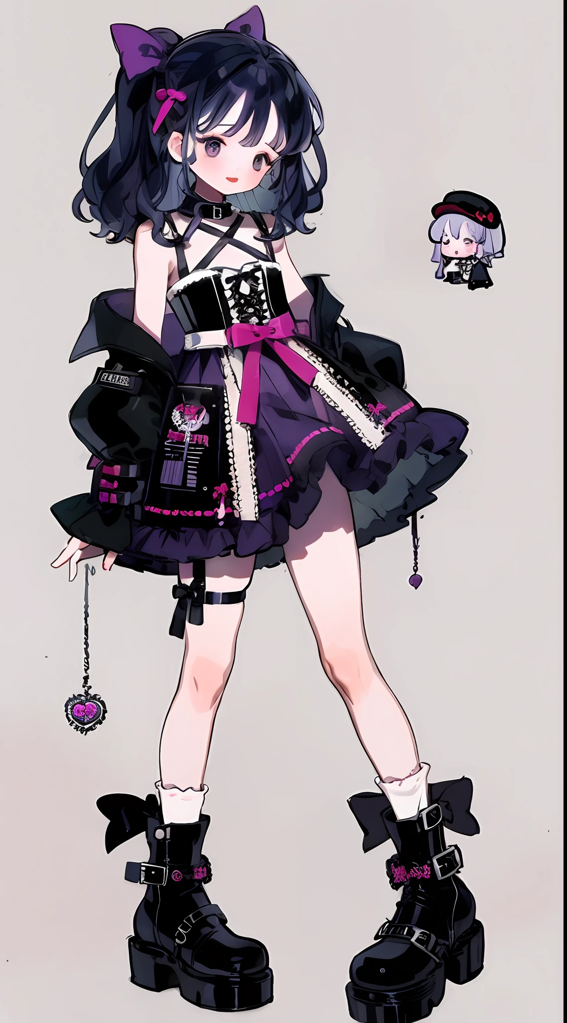 1girll,Personal illustrator,leg loops,leg holsters,mitts,(very intricate),Exquisite,Complex hairstyles,Purple skirt,frilld,short skirt,Bow knot,Cross straps,bandagens,Y2K,E-girls,Emotional,non-mainstream,long whitr hair,Love decoration,subculture,Sick,laughingly,(Avant-garde and innovative clothing design),Socks with a sense of design,waist chains,platform footwear,Glowing ornaments,Long boot leg covers,thongs,cyber punk perssonage,Lace socks,Openwork design,(ta fashion:0.5)