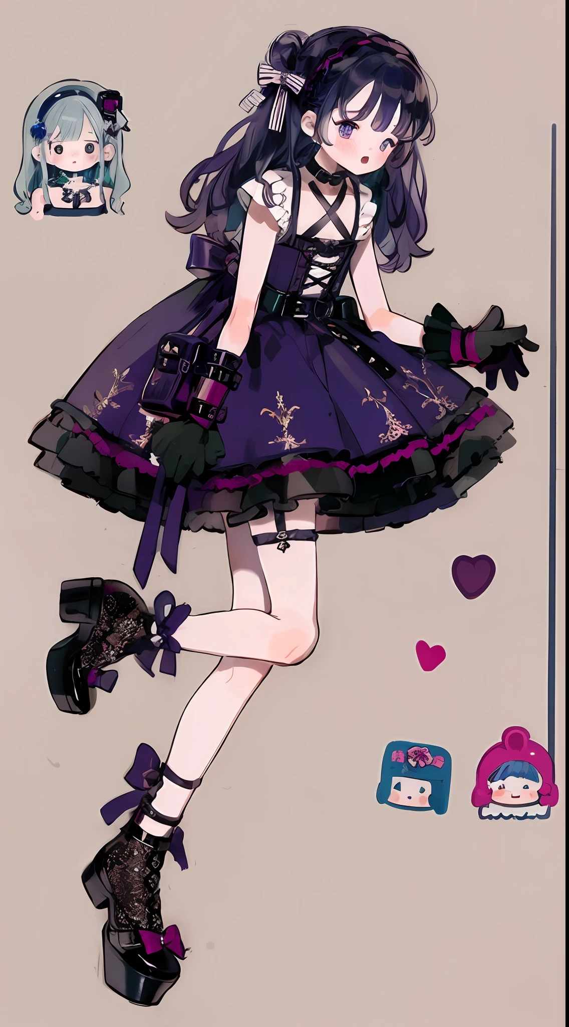 1girll,Personal illustrator,leg loops,leg holsters,mitts,(very intricate),Exquisite,Complex hairstyles,Purple skirt,frilld,short skirt,Bow knot,Cross straps,bandagens,Y2K,E-girls,Emotional,non-mainstream,long whitr hair,Love decoration,subculture,Sick,laughingly,(Avant-garde and innovative clothing design),Socks with a sense of design,waist chains,platform footwear,Glowing ornaments,Long boot leg covers,thongs,cyber punk perssonage,Lace socks,Openwork design,(ta fashion:0.5)