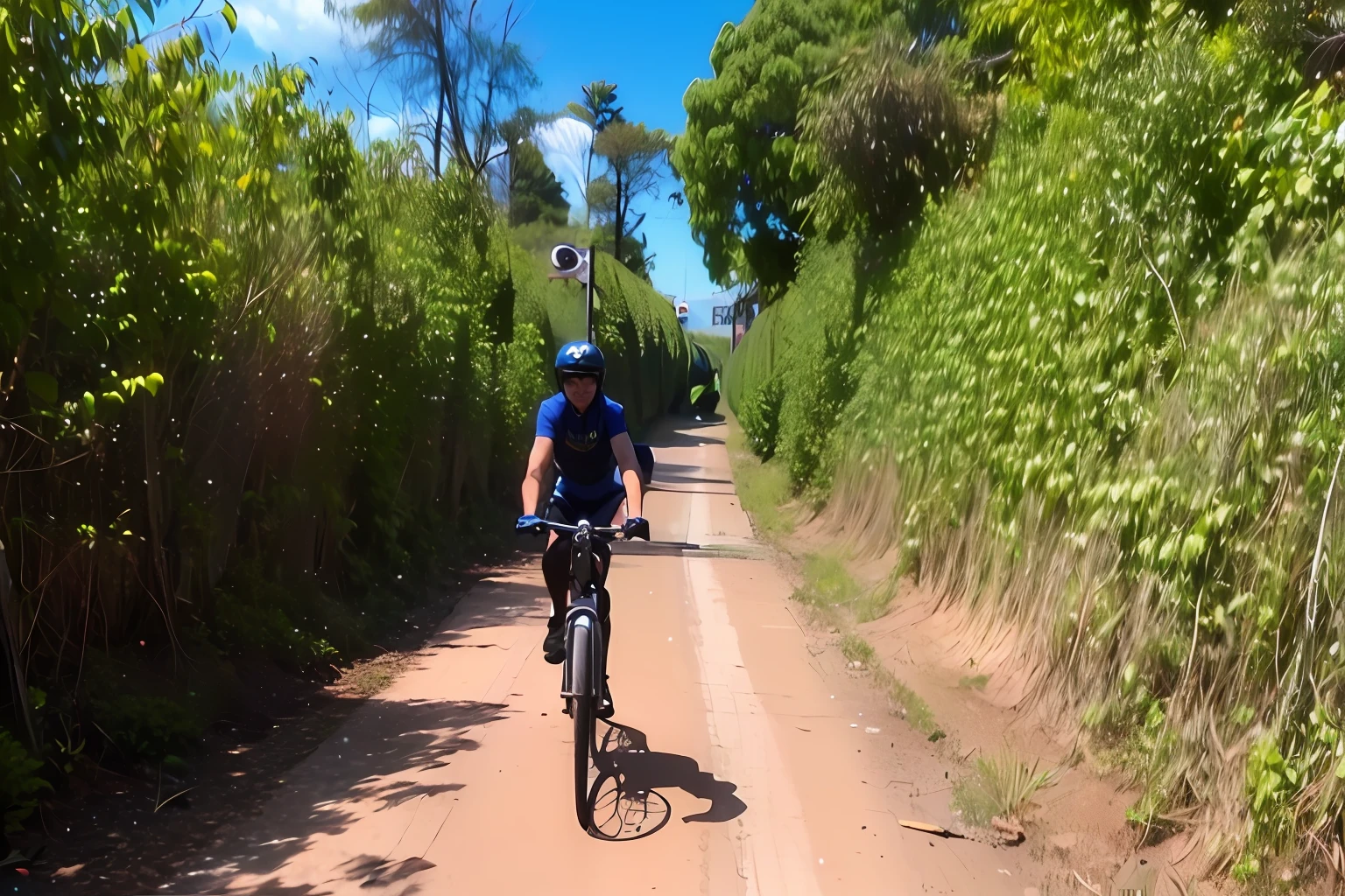 There's a man riding his bike down a dirt road, Alma piedosa, Viajando por longa estrada de terra, Trilha Ligjt, hora de subir o caminho da montanha, imagem de um motociclista masculino, horseback riding, arredores detalhados, aventura, dirt road, scenecy, Postagem no Reddit, unobstructed road, ((((estrada de tijolos de terra)))), wide angle dynamic action shot, Laos