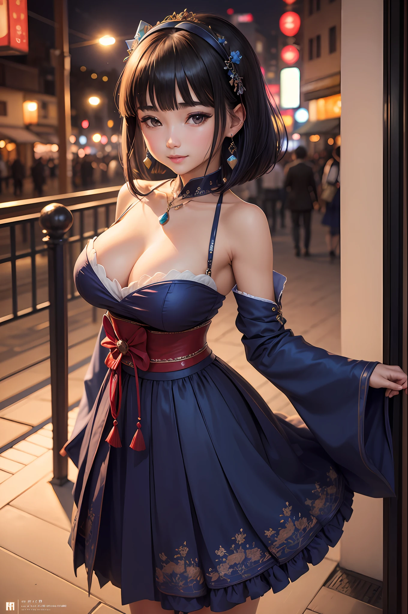 1人、on tokyo street、natta、A city scape、city light、The upper part of the body、a closeup、A smile、、(8K、Raw photography、top-quality、​masterpiece:1.2)、 A smile,(realisitic、photoRealstic:1.37),1girl in, Solo, Jewelry, Detached sleeves, Necklace, blue-beaded earring, Hakama Skirt YunaFFX, 超A high resolution, Photo, Photorealistic, Highly detailed, Detailed face, Solo Cute Lady, Castle balcony, medium breasts, (masutepiece, High quality),Looking at Viewer, gorgeous goddess, bob cuts, Shiny skin, Charming, enticing, Dreams, Royal cloak, ((thick bangs)), --auto