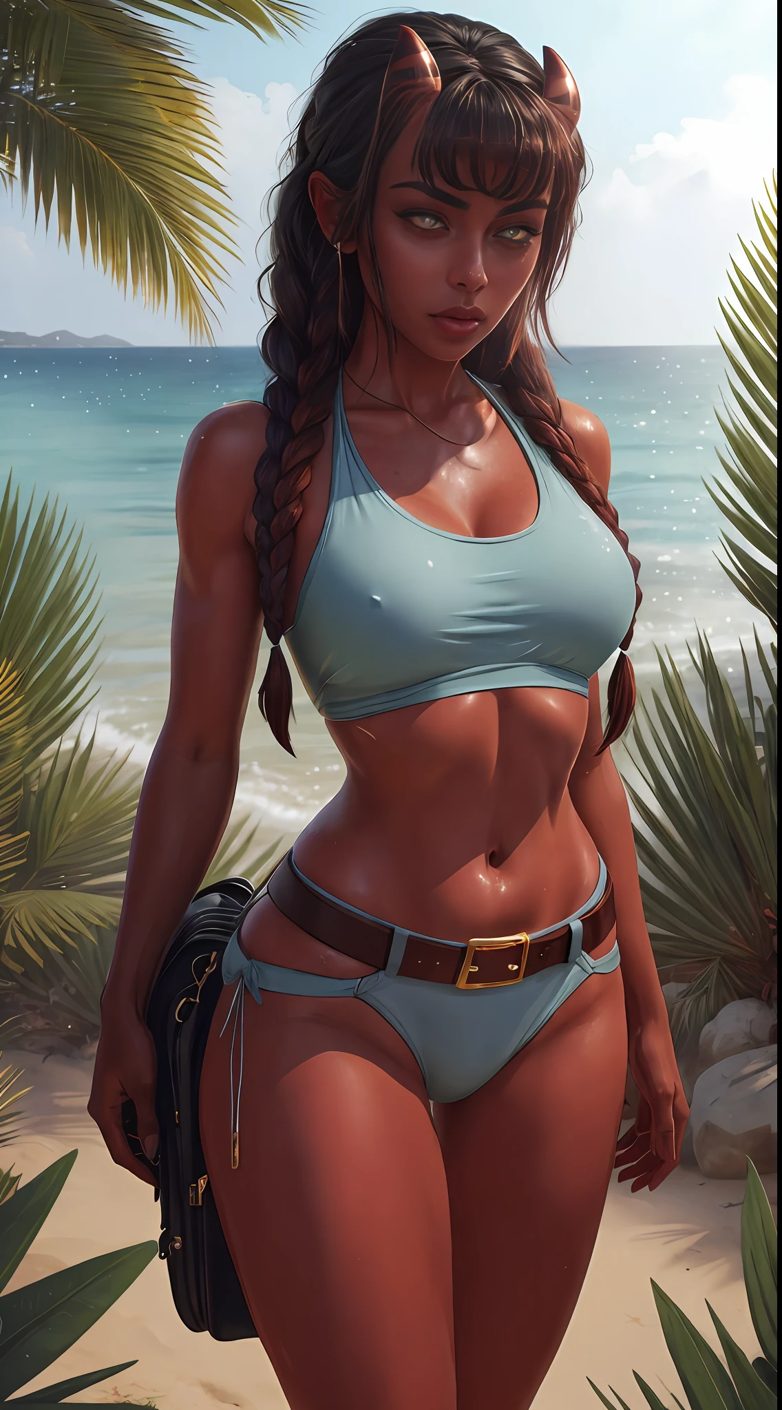(nsfw),(solo), cosplay of beautiful female, mulatto, (adult women, 30 year old), (curvy women, seductive, sex-bomb), chicken, (Meru, Merunyaa:1.2), (devil-women),  (famous beautiful american supermodel), (fit, abs),  (busty,Large erect breasts,huge chests,erect nippleslips :1.3), thick thighs, slim waist, cameltoe, (red hair,redhead), (1long braid), [freckles],   [ Meru | Lara Croft ], (female body),(muscle body), muscle tummy, seductive body, BREAK
red body, (red burned skin), shining oily skin, (2short horns), Half-nude,  BREAK
( khaki army shorts:1.2 ),  BREAK
(open breasts :1.2), topless, (slim lightblue croptop, underboobs ),  openwork tattoo on the biceps,  BREAK
( pistol-holsters on her both thighs ), (thigh knife strap), wide belt, leather straps on hips and biceps,    
( 1small backpack on her back), army boots, black leather tactic fingerless gloves, BREAK
( ((red)) round glasses ), BREAK
ancient medallion around the neck (between her boobs),
    
(upperbody portrait),            
(detailed eyes, detailed cat-pupils, yellow eyes, glowing eyes), BREAK
outdoors,
ocean tropical beach, shining waterdrops, waves,
Sunday, sunrays, soft shining, sunburned, reflections of lights,   
(particles ,firefly,soft blue glowing, bioluminescence ),romantic mood, BREAK
seeker of adventures, tomb raider,

seduct, serious look, (languid look), BREAK
beautiful face, face makeup, detailed plump lips,  BREAK
(masterpiece, best quality, sharp focused shoot, blur background, photorealistic, realism, ultrarealism, cinematic, intricate, smalldetailed, sharp focused pupils, detailed pupils, detailed iris of eyes, detailed contact lenses, realistic hands, 8k,4k, HD, high res, hi-res), 
(shadows, wide dynamic range, hdr, low light:1.2),
by Pino Daeni, by ruaidri, by virtyalfobo, by Kenket, (by iskra, by darkgem, by merunyaa),