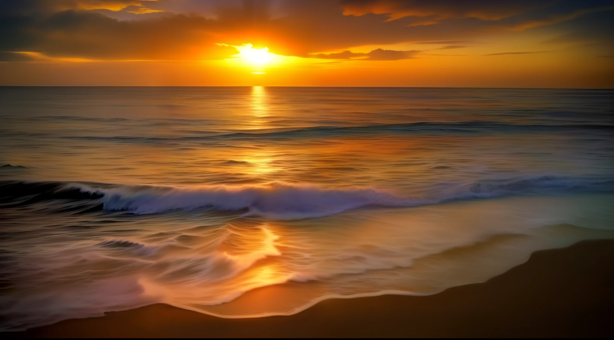 arafed view of a sunset over the ocean with waves, which shows a beach at sunset, sunset at the beach, the most beautiful sunset, beach sunset background, sunset on the beach, golden sunset, on the beach during sunset, at the beach on a sunset, golden hour time, at the golden hour, warm beautiful scene, at a beautiful sunset