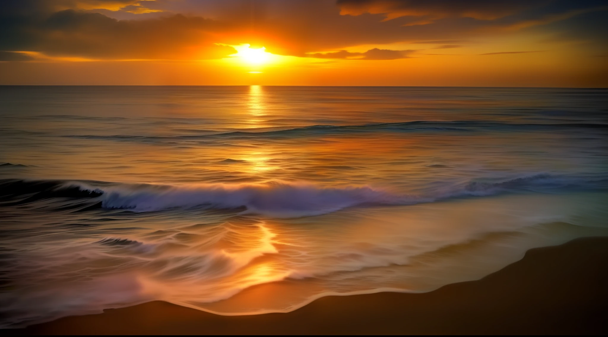 arafed view of a sunset over the ocean with waves, which shows a beach at sunset, sunset at the beach, the most beautiful sunset, beach sunset background, sunset on the beach, golden sunset, on the beach during sunset, at the beach on a sunset, golden hour time, at the golden hour, warm beautiful scene, at a beautiful sunset