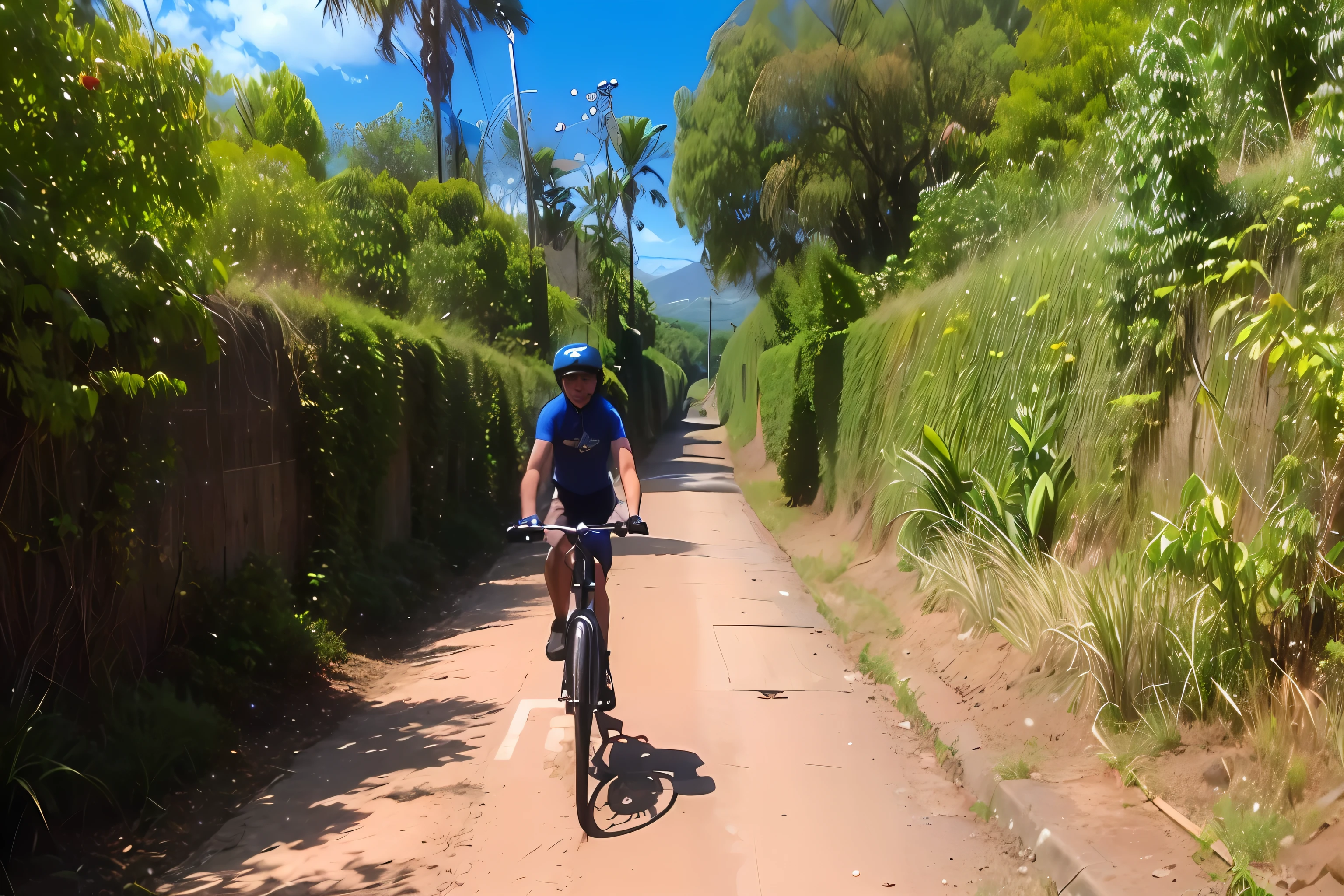 There's a man riding his bike down a dirt road, Alma piedosa, Viajando por longa estrada de terra, Trilha Ligjt, hora de subir o caminho da montanha, imagem de um motociclista masculino, horseback riding, arredores detalhados, aventura, dirt road, scenecy, Postagem no Reddit, unobstructed road, ((((estrada de tijolos de terra)))), wide angle dynamic action shot, Laos