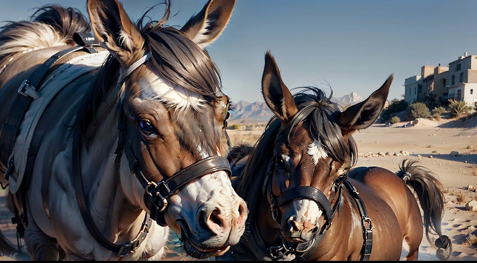 "Deslumbre-se com a imagem de um burro filhote cativante e de olhar marcante. Create a highly realistic and detailed depiction of this adorable animal in a desert setting from the time of Jesus Christ. It captures his soft expression and deep gaze that reflects his curiosity and sweetness. Garanta uma qualidade 4K para que cada detalhe do pelo, The eyes and the surrounding environment are vivid and engaging. This image will surely convey the charming essence of the donkey, doesn't look like a horse, the color of the hair is gray."