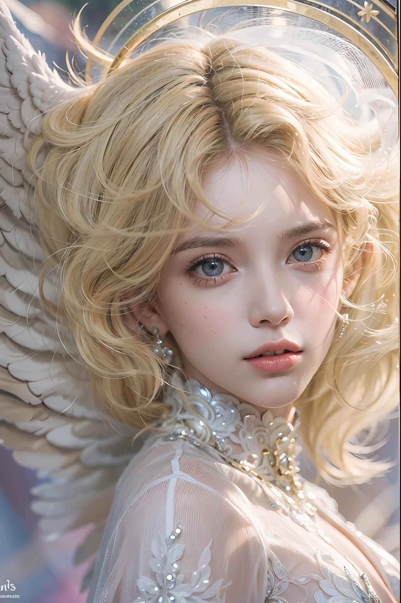 Foto de corpo inteiro, mulher anjo 25 anos de idade, loira, (blonde), ((angel halo on top of head)) olhos azuis, olhos claros, olhos detalhados, rosto bonito, rosto delicado, vestido branco transparente, deitada nas nuvens, voando nas nuvens, anjo, asas de anjo, milky ways, heaven, aura cintilante, foco intenso, energia crepitante, mysterious symbols, motes cintilantes, (obra-prima), (melhor qualidade:1.4), absurdres, [:detalhes intrincados:0.2], ((Olhando para o espectador))