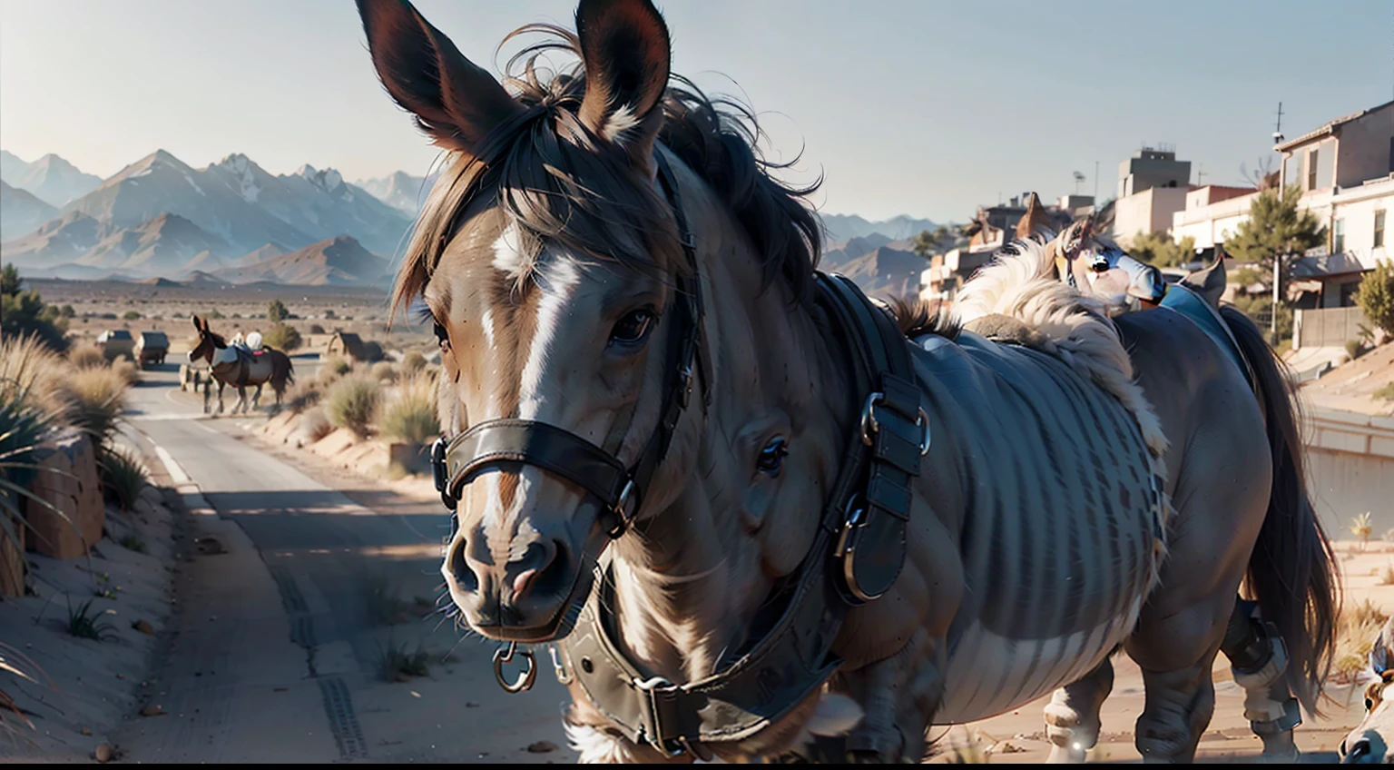 "Deslumbre-se com a imagem de um burro filhote cativante e de olhar marcante. Create a highly realistic and detailed depiction of this adorable animal in a desert setting from the time of Jesus Christ. It captures his soft expression and deep gaze that reflects his curiosity and sweetness. Garanta uma qualidade 4K para que cada detalhe do pelo, The eyes and the surrounding environment are vivid and engaging. This image will surely convey the charming essence of the donkey, doesn't look like a horse, the color of the hair is gray."