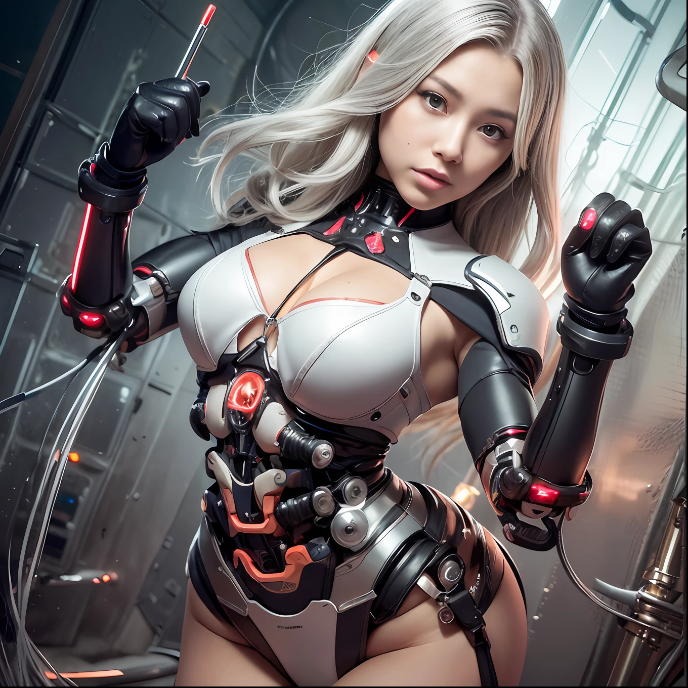 Beautiful Face,face is Japan, 1 Woman, Big, Curvaceous, (16k, RAW photo, top quality, masterpiece: 1.2), (HDR, Realistic, Photorealistic: 1.37) (tube attached to the body), (Bikini Cyborg robot parts)))), (light gray hair), Long hair, Wavy hair, Twin tails, Medium shot, ( Seductive smile)), (black eyes), double eyelids, princess cut, from below, (whole body),posing,,in the lab,( tube connected to blood vessel),((mechanical vertebrae attached to the back)),((mechanical neck attached to the neck)),(wire and cable attached to head and body),(character focus),science fiction,perfect female figure,perfect anatomy, hyperanatomy, full body shot, up to four fingers and one thumb relationship,