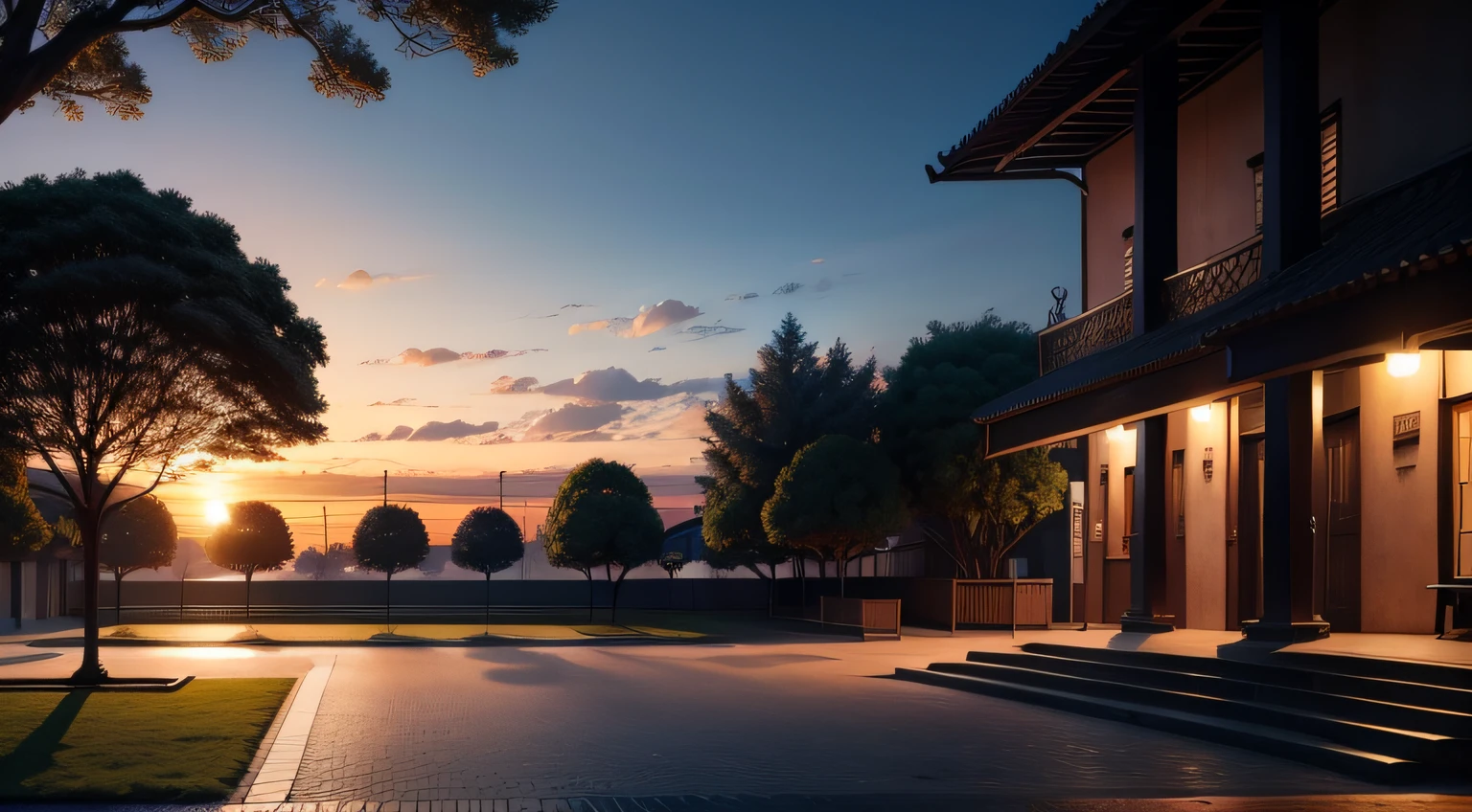 Square with benches and trees, por do sol, melhor qualidade, obra-prima, bela paisagem de fantasia selvagem e natural com luzes brilhantes