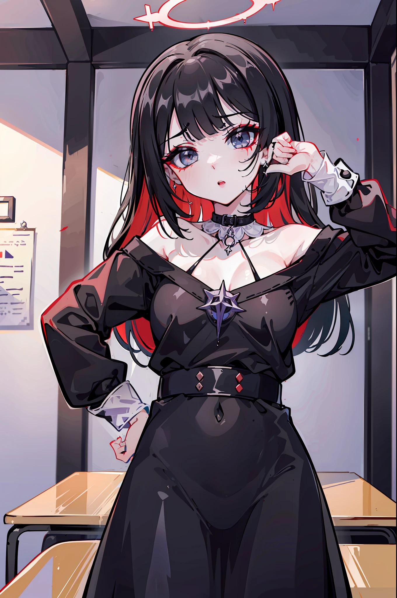 Una criatura sacada de las peores pesadillas. cuerpo femenino, shark teeth, ((4 brazos extra monstruosos que salen de su espalda de un materia viscosa de color negro)), ((halo brillante en su cabeza)), ojos rojos. You're in a school classroom with a threatening attitude. ((Brazos dobles viscosos y afilados)) ((viscous black liquid))