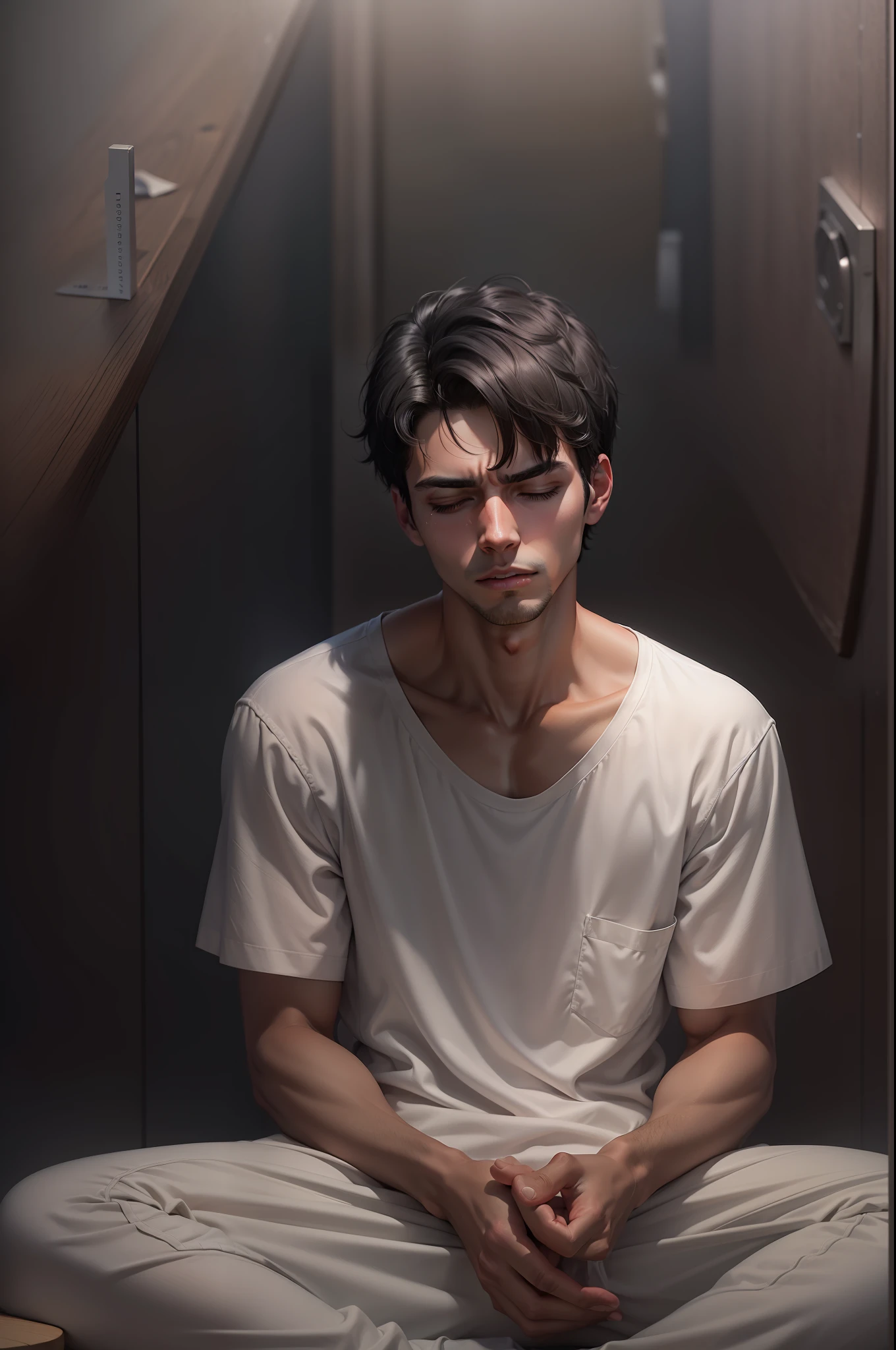 Ultra realistic image of a 25 year old man, short black hair, dressed in a plain white shirt, pained expression, eyes closed, teeth grinding, kneeling in a dark room