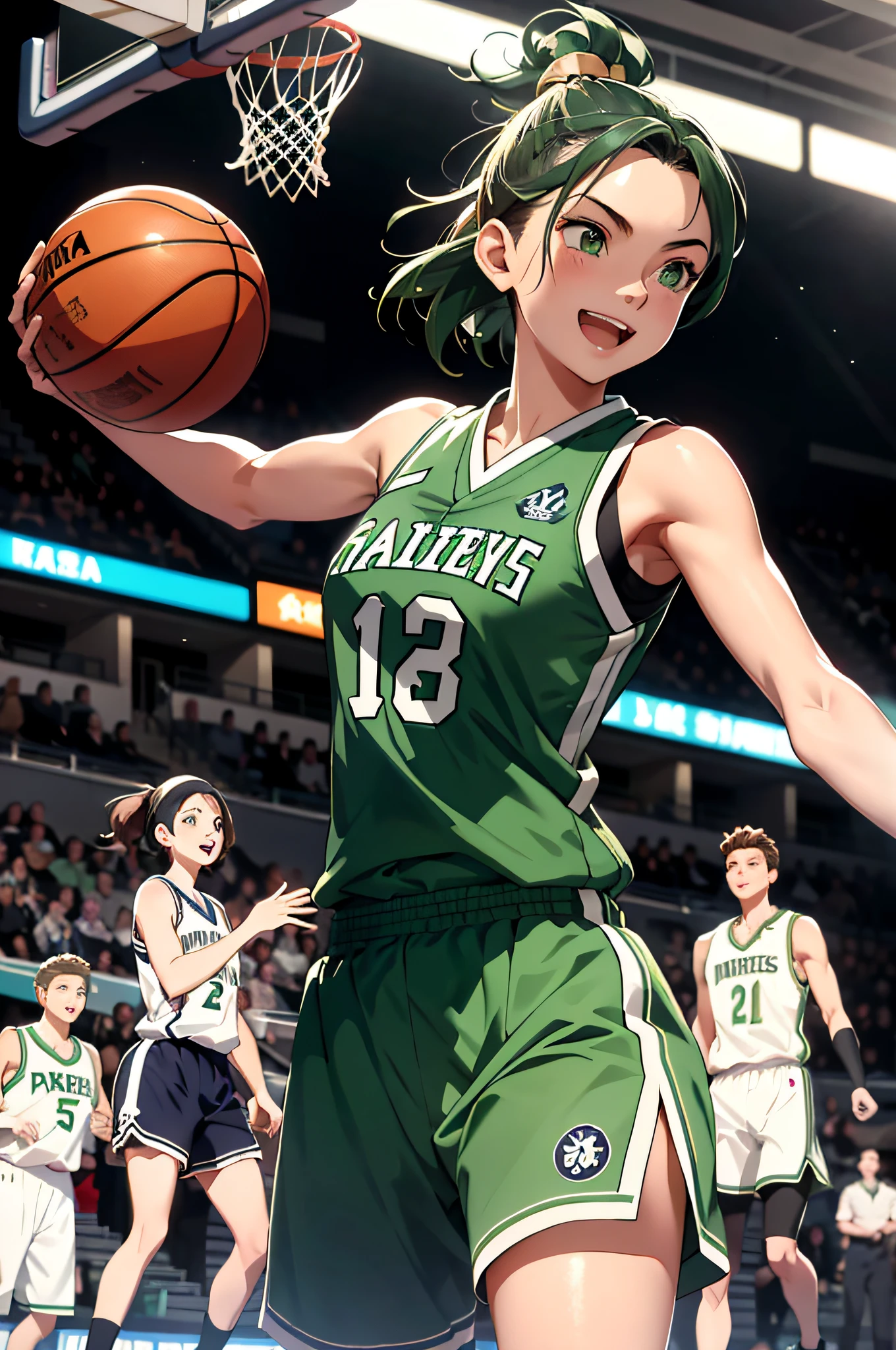 (top-quality、in 8K、32K、​masterpiece、nffsw、超A high resolution、Impresionismo、Photorealsitic:1.2)、Full body, Inside the gymnasium、Basketball court、beauitful face、blurry backround、16-year-old beautiful girl、shinny skin、short-hair、Beautiful green hair、Green eyes、(Hachimaki:1.2)、Basketball Uniforms、Curve、dynamicposes、Smile with open mouth