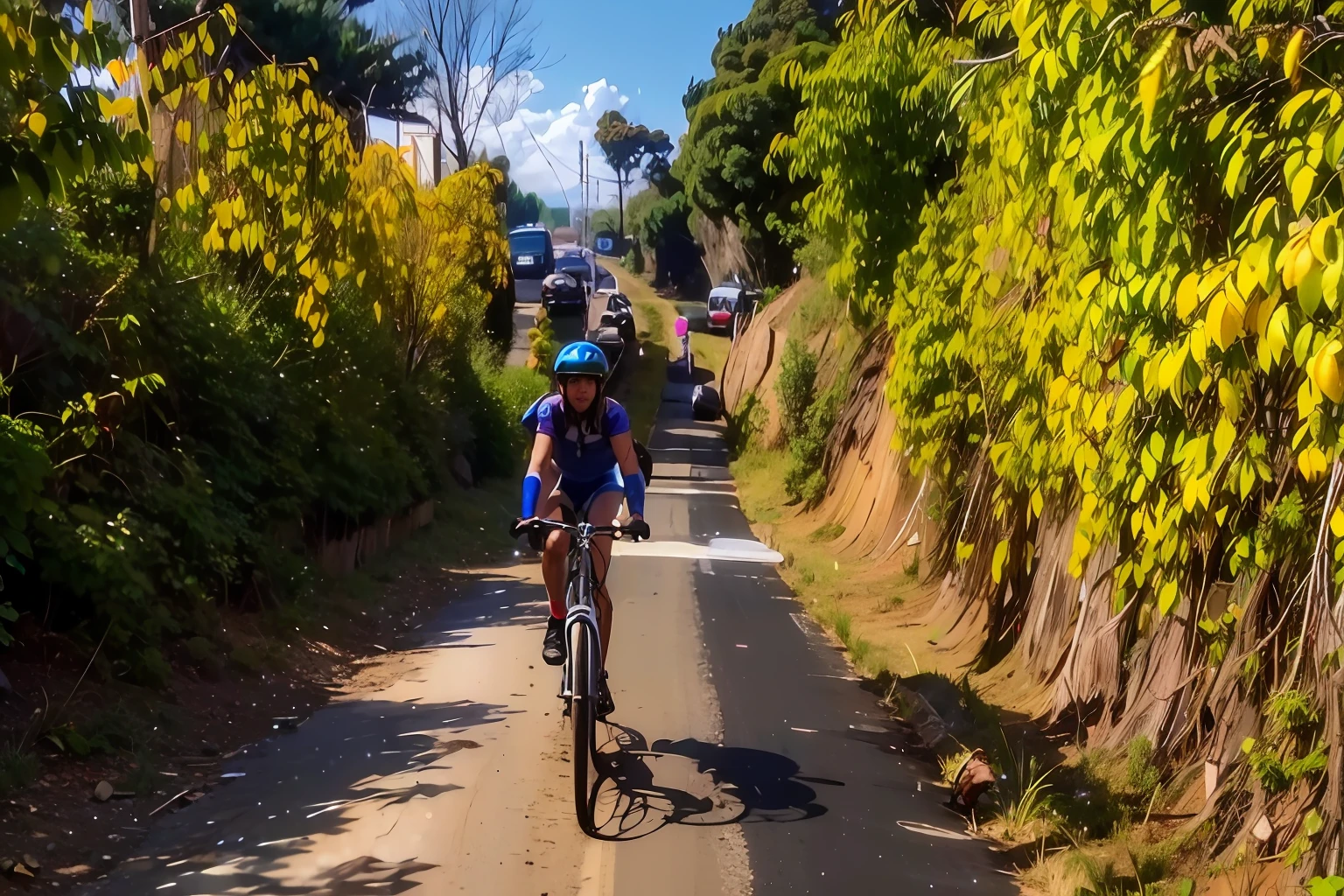 There's a man riding his bike down a dirt road, Alma piedosa, Viajando por longa estrada de terra, Trilha Ligjt, hora de subir o caminho da montanha, imagem de um motociclista masculino, Horseback Riding, arredores detalhados, aventura, dirt road, scenecy, Postagem no Reddit, unobstructed road, ((((estrada de tijolos de terra)))), wide angle dynamic action shot, Laos