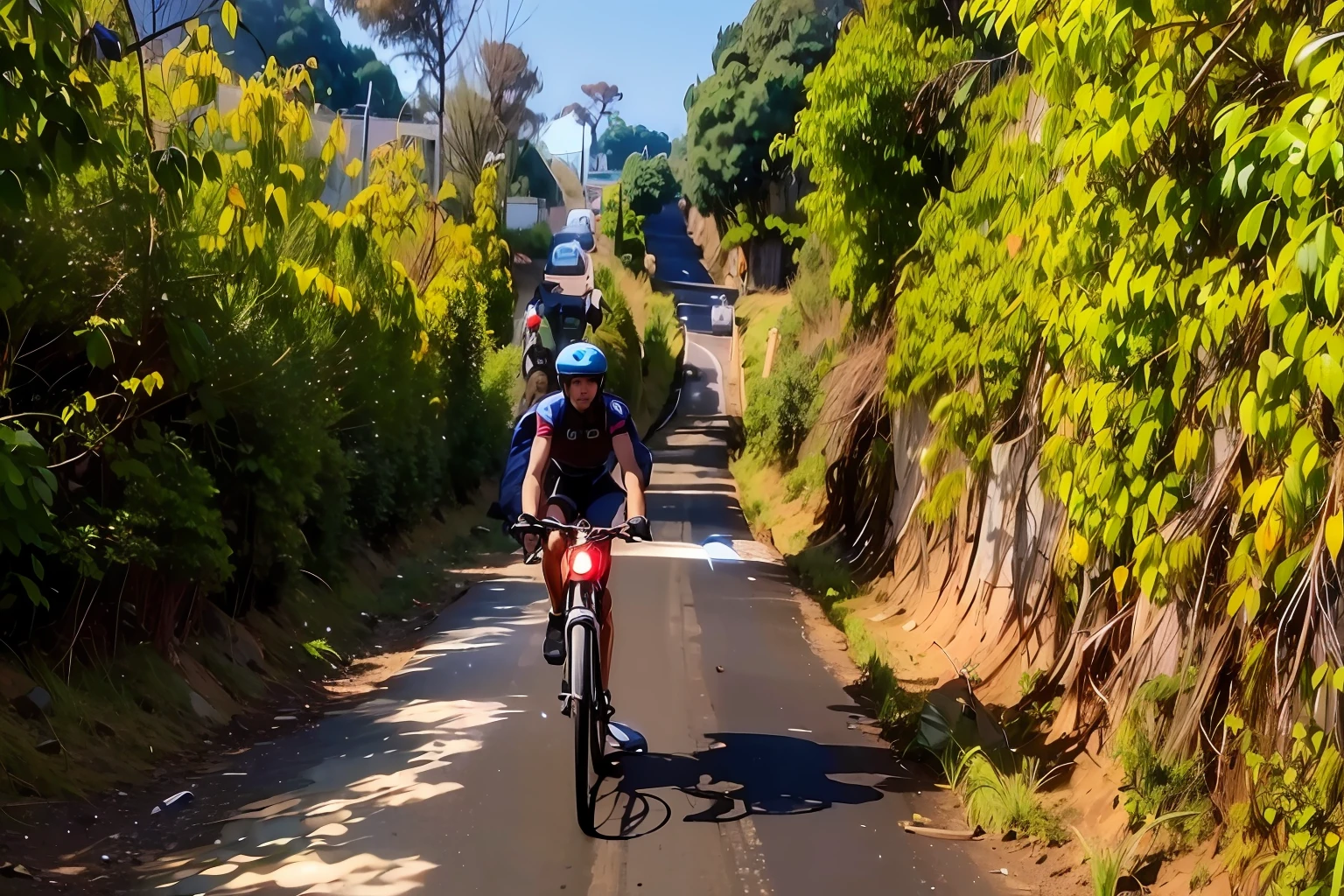 There's a man riding his bike down a dirt road, Alma piedosa, Viajando por longa estrada de terra, Trilha Ligjt, hora de subir o caminho da montanha, imagem de um motociclista masculino, Horseback Riding, arredores detalhados, aventura, dirt road, scenecy, Postagem no Reddit, unobstructed road, ((((estrada de tijolos de terra)))), wide angle dynamic action shot, Laos
