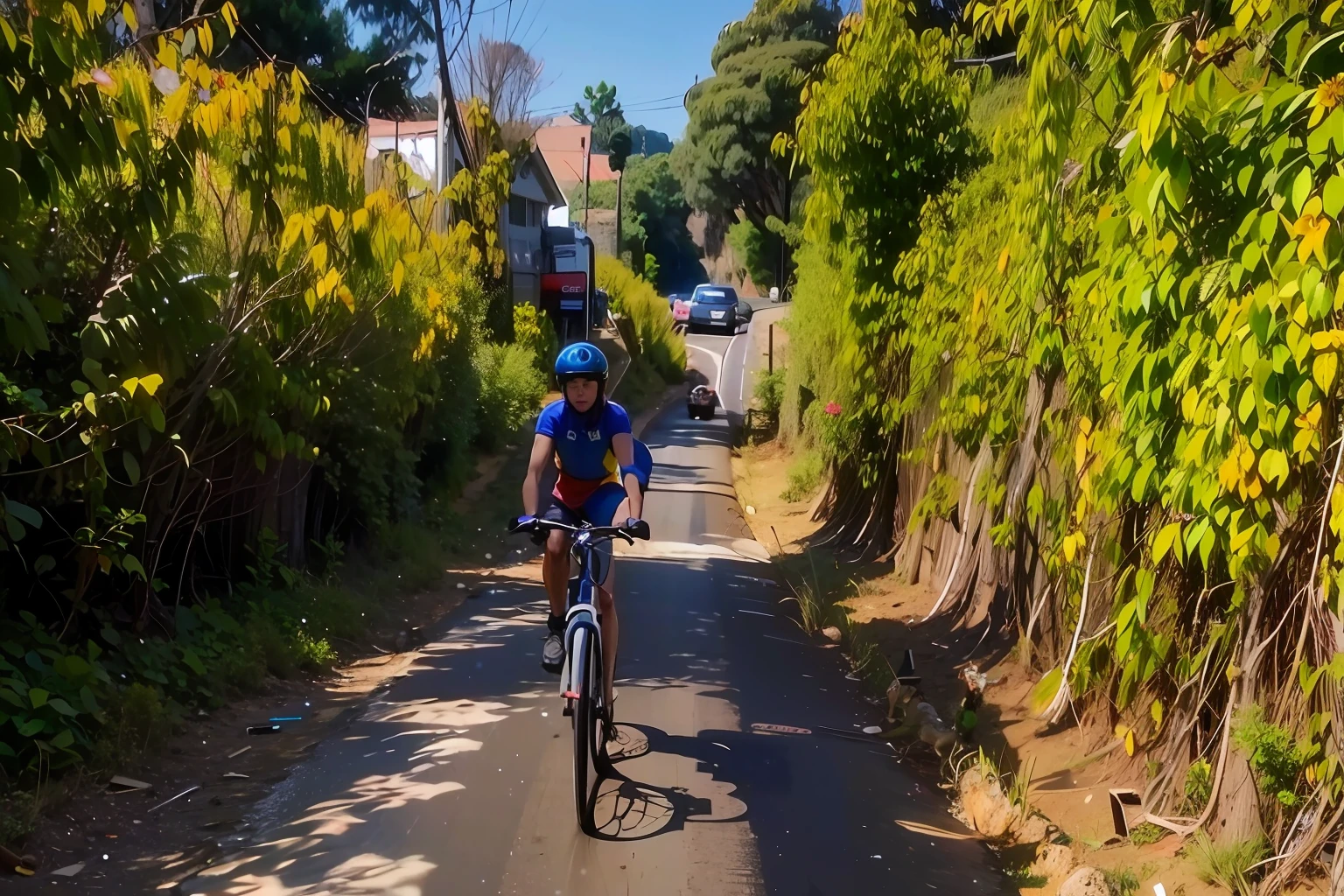 There's a man riding his bike down a dirt road, Alma piedosa, Viajando por longa estrada de terra, Trilha Ligjt, hora de subir o caminho da montanha, imagem de um motociclista masculino, Horseback Riding, arredores detalhados, aventura, dirt road, scenecy, Postagem no Reddit, unobstructed road, ((((estrada de tijolos de terra)))), wide angle dynamic action shot, Laos