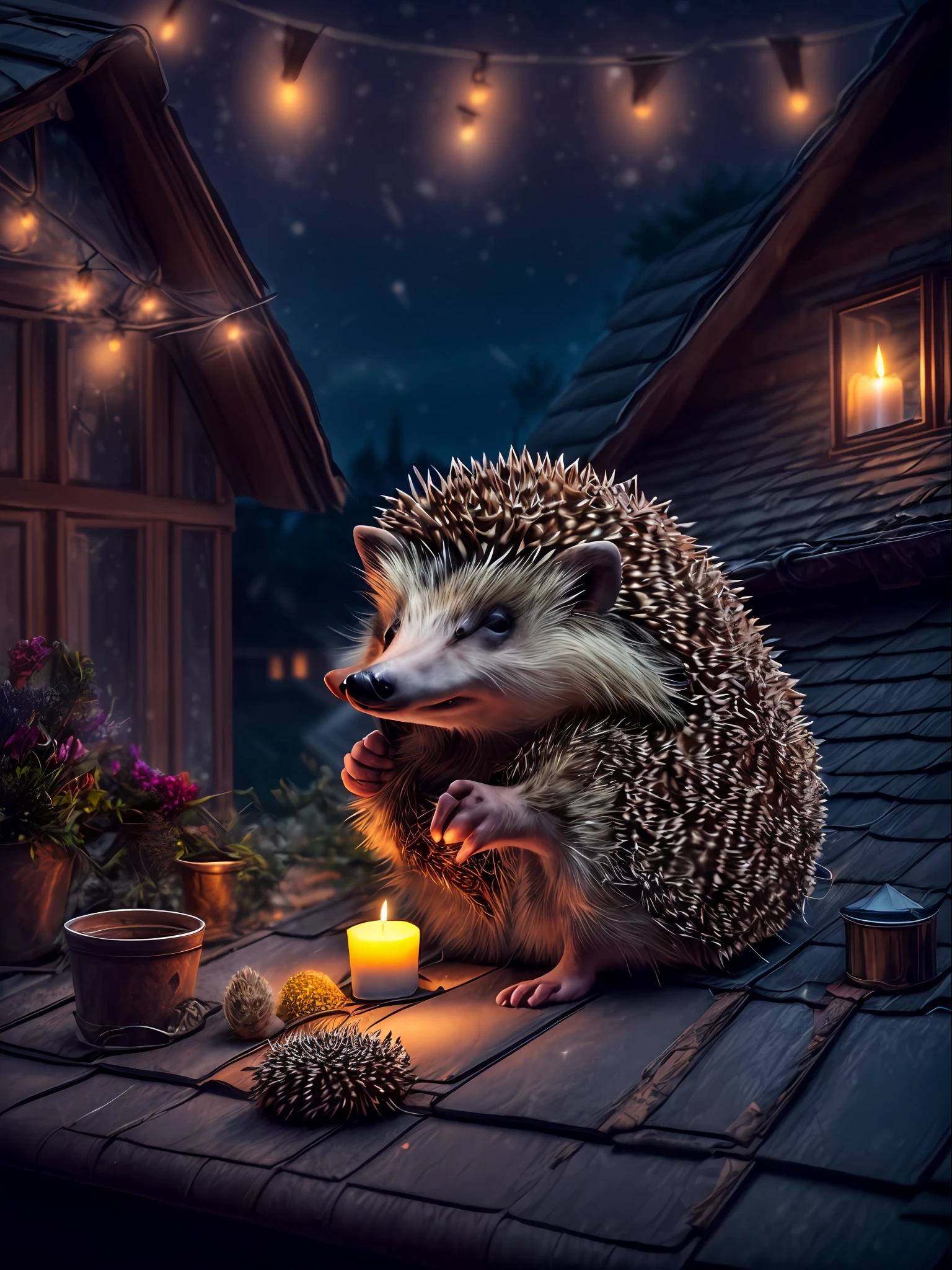 ((Anthropomorphic hedgehog in night costume)) ((sleeps on the roof)), cozy bedroom, There is a bed. the night, A candle is burning, atmospheric, Lightroom, Cinematic, HDR, Soggy, an intricate, hiquality, Calm tones, Complicated details, low contrast