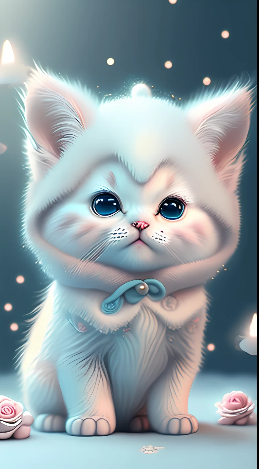 In this ultra-detailed CG art, cute kittens surrounded by ethereal roses, laughter, best quality, high resolution, intricate details, fantasy, cute animals, open mouths, laugh!!