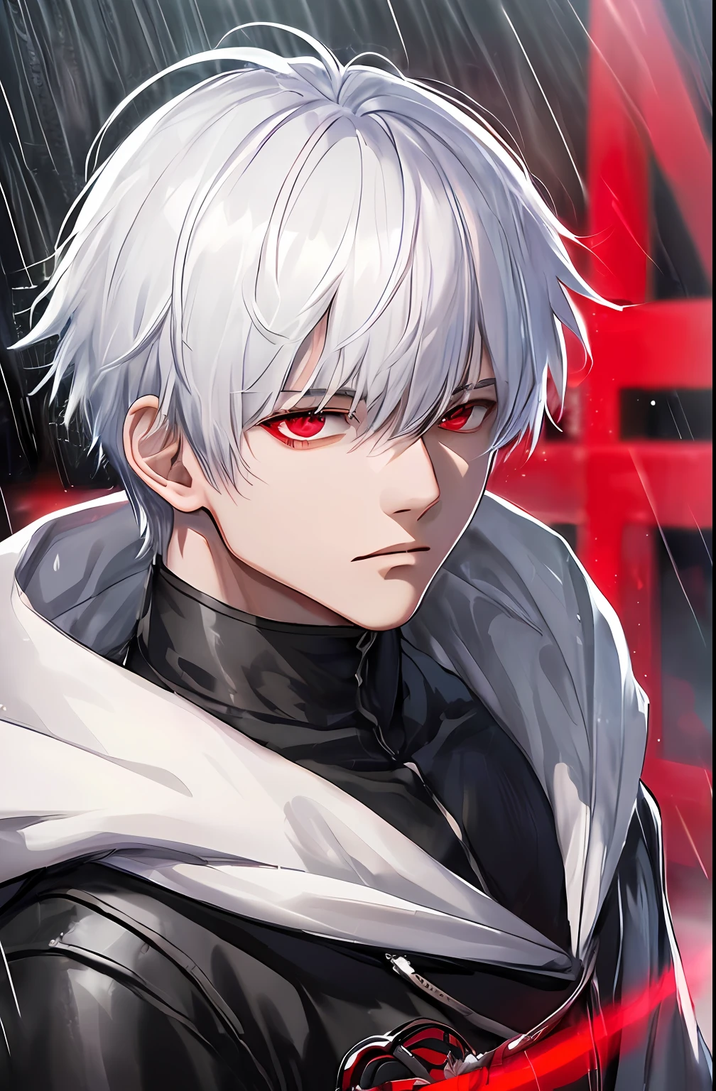 kk, best quality, more details, masterpiece, 1boy, kaneki ken, portrait, male focus, red eyes, solo, bangs, looking at viewer, hood, short hair, rain, tokyo tokyo \(city\), hood up, nail polish, white hair, luxurious, 8k, detailed, ray tracing, depth of field, cinematic lighting,