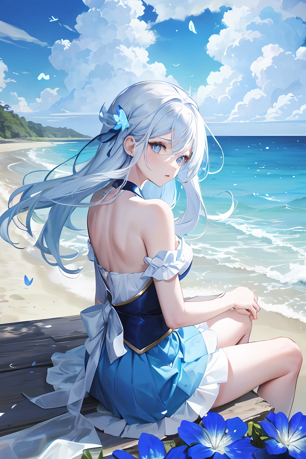 ,blue skirts,1girl,blue color eyes,long white hair,Sitting on the edge of the beach,Flying blue butterflies,falling flower petals,exteriors,clouds,Look back at the audience,Detail enhancement,best qualtiy,Perfect image quality